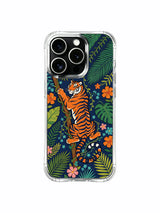 Striped orange tiger in dense botanical foliage artwork on an iPhone 13 Pro case