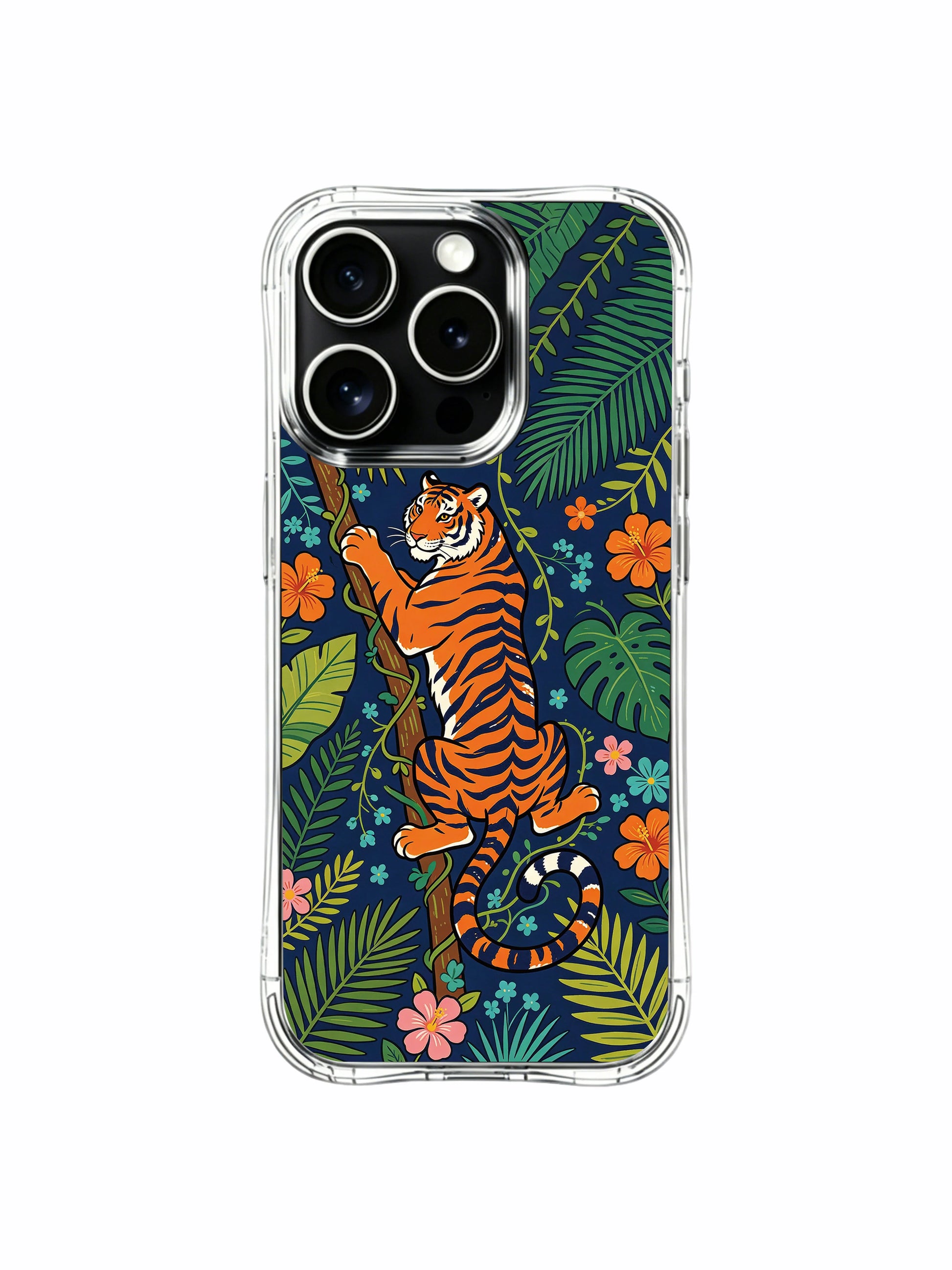 Limited edition artist Noah Wildfern tiger floral iPhone 13 pro Case from PhoneCasing, drop-proof transparent iPhone 13 pro casing, collectible tropical wildlife printed phone cover.