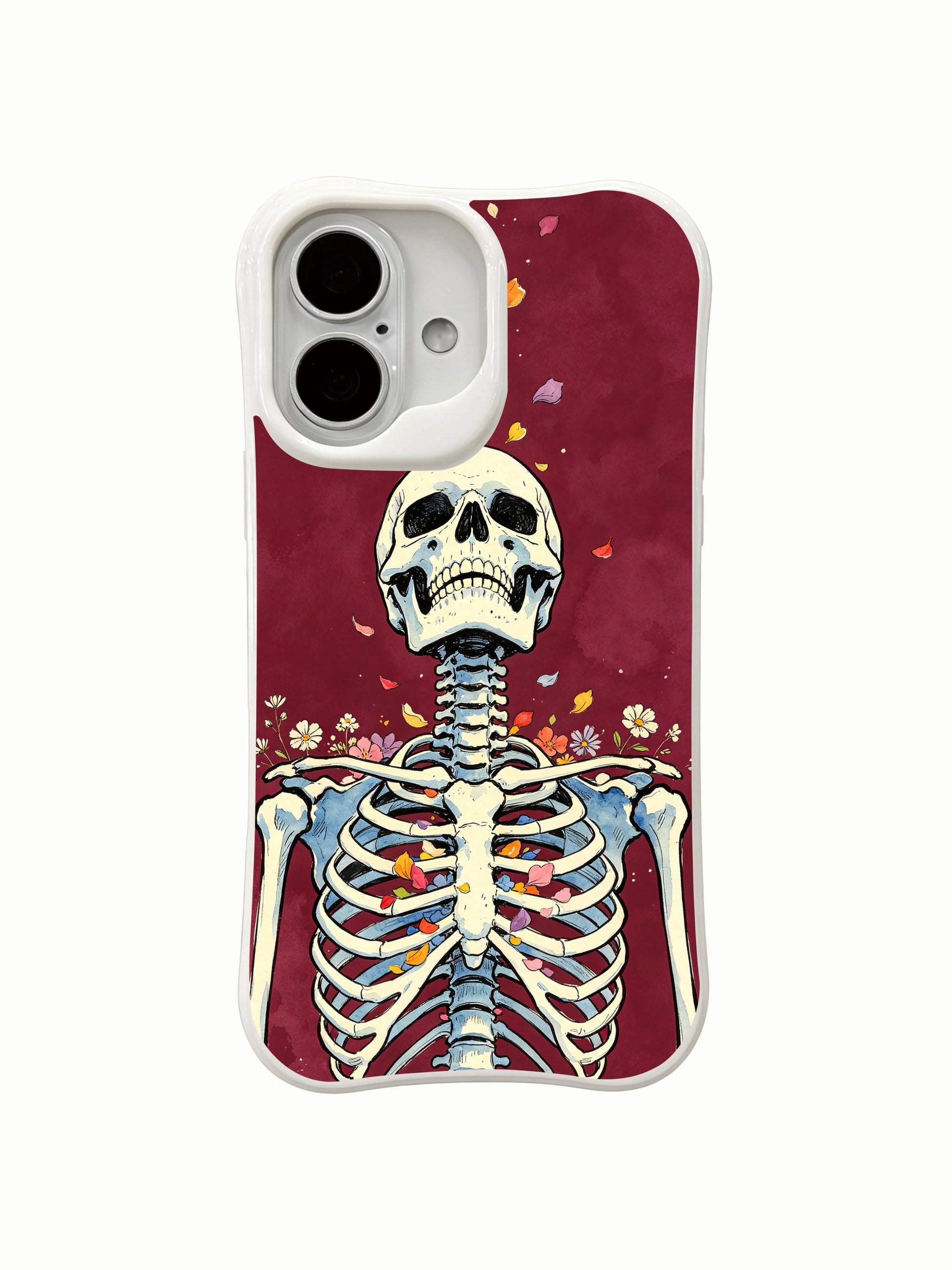 PhoneCasing ascending-petals morbid botanical iPhone 16 Case, Morrigan Vale original illustration with wildflowers growing inside ribcage, fade proof custom printed protective iPhone 16 cover