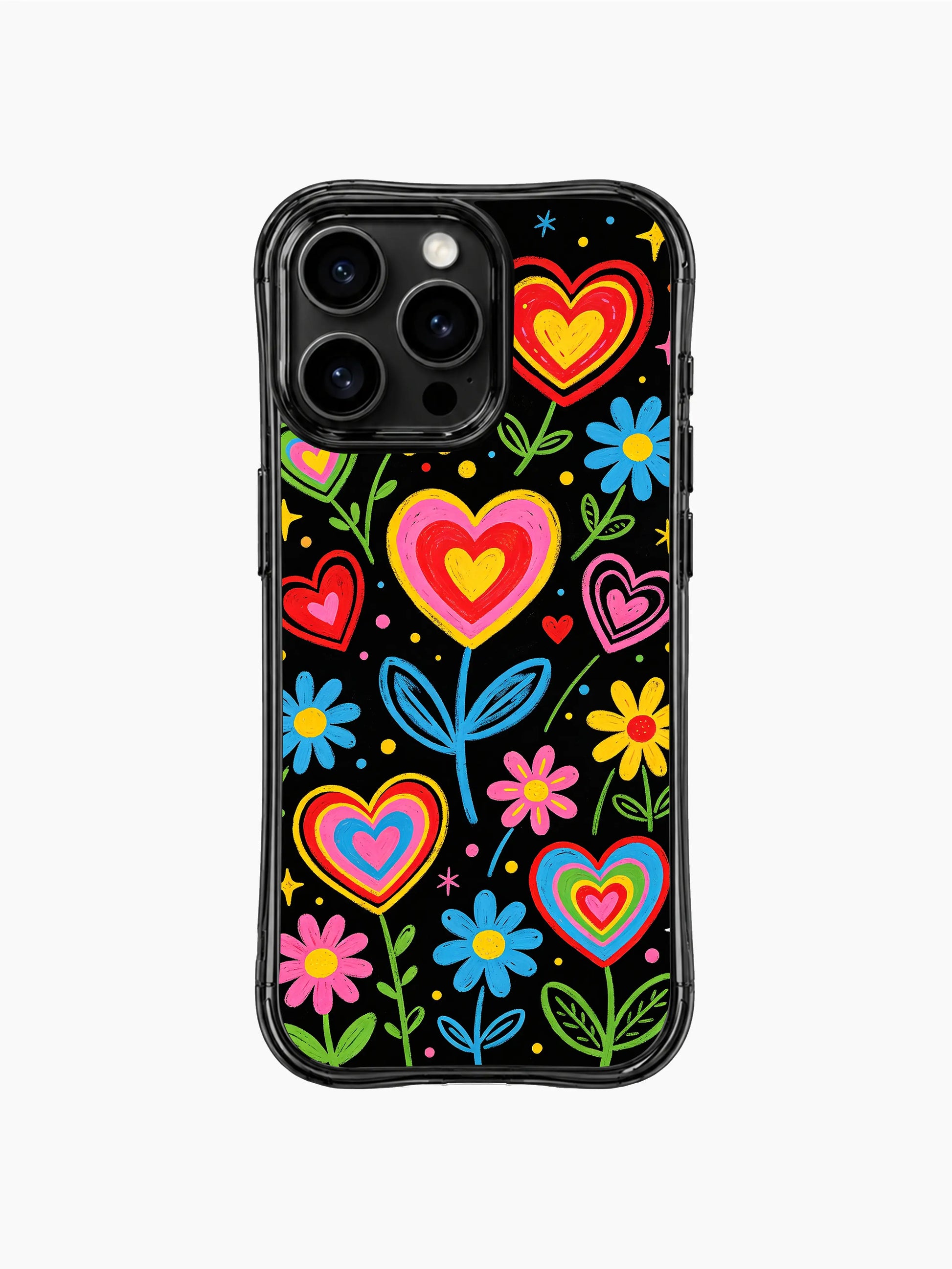 Asymmetrical hand crayon sketch PhoneCasing iPhone 13 Pro Max casing, Midnight Heart Bloom uneven layered neon rainbow hearts, mini blooming daisy and star confetti accents