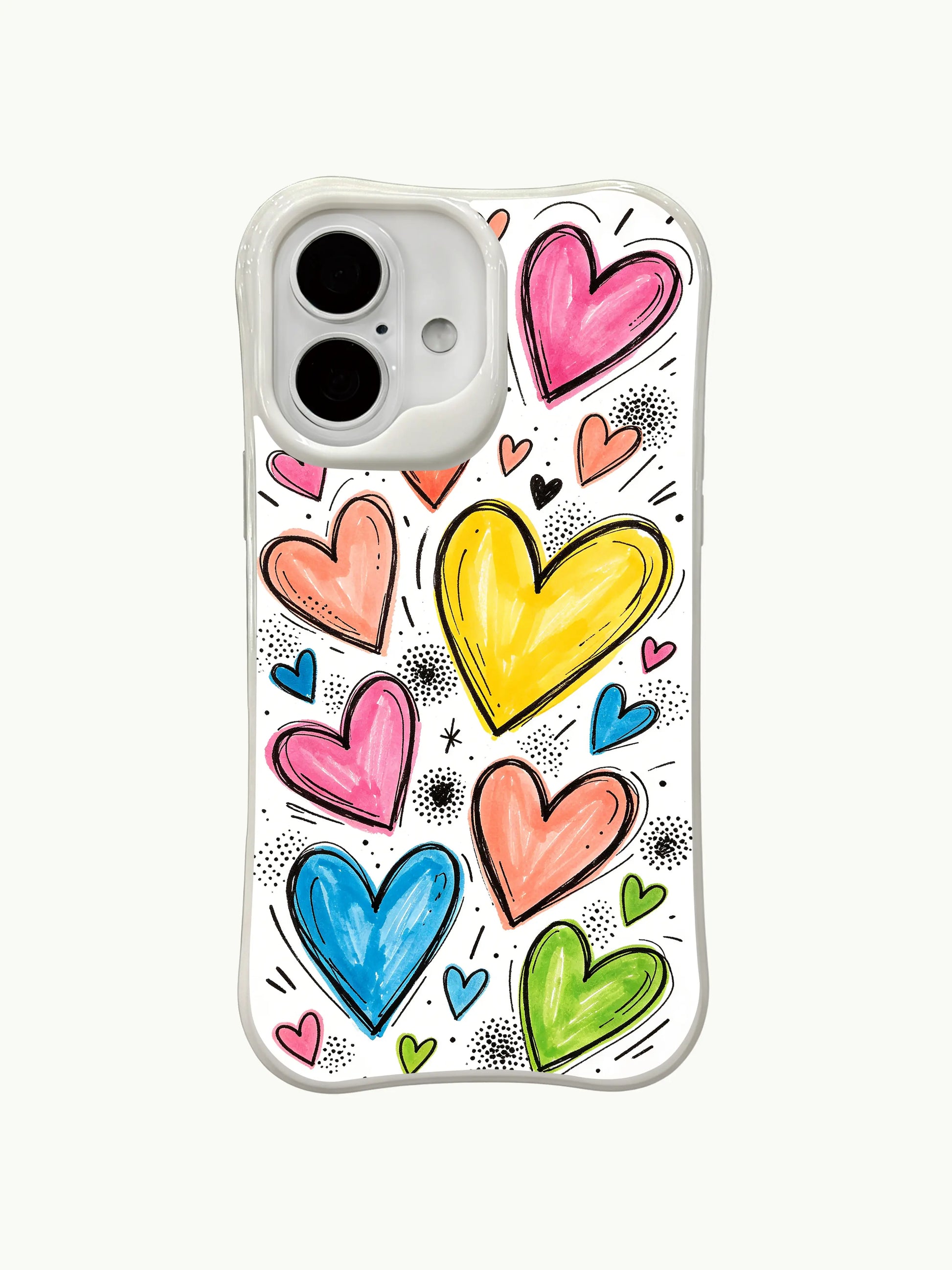 PhoneCasing asymmetrical heart rain iPhone 16 plus case, uneven organic heart distribution for natural rainfall visual effect.