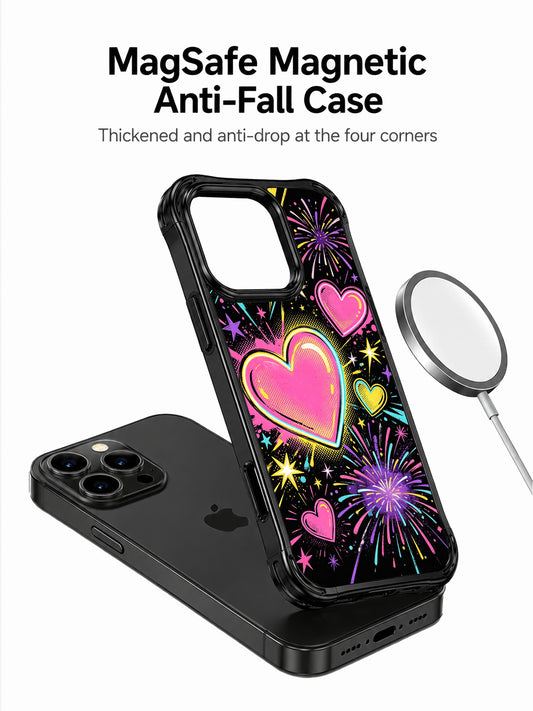 Asymmetrical hand pop comic sketch PhoneCasing iPhone 13 Pro Max casing, Pop Heart Fireworks uneven bursting neon gradient hearts, mini fireworks, lightning bolt and star splatter accents