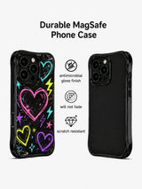 Asymmetrical hand sketch PhoneCasing iPhone 13 Pro Max casing, Sweet Rebel Hearts irregular neon outline hearts, star burst and lightning graffiti splatters
