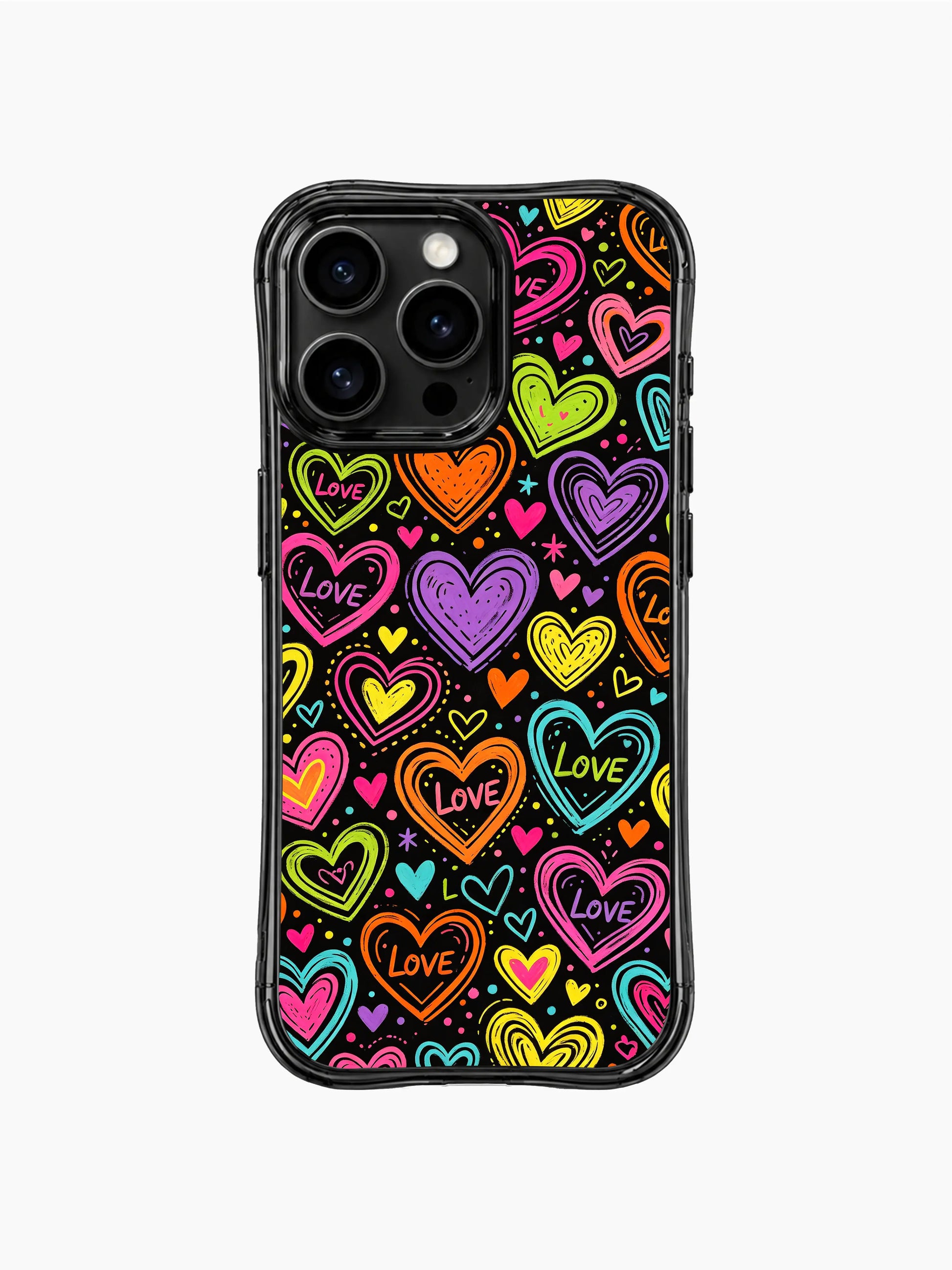 PhoneCasing iPhone 13 Pro Max casing full of wildly varying heart sizes, tilted random angles and overlapping neon outlines, delivers chaotic joyful romantic energy phone case.