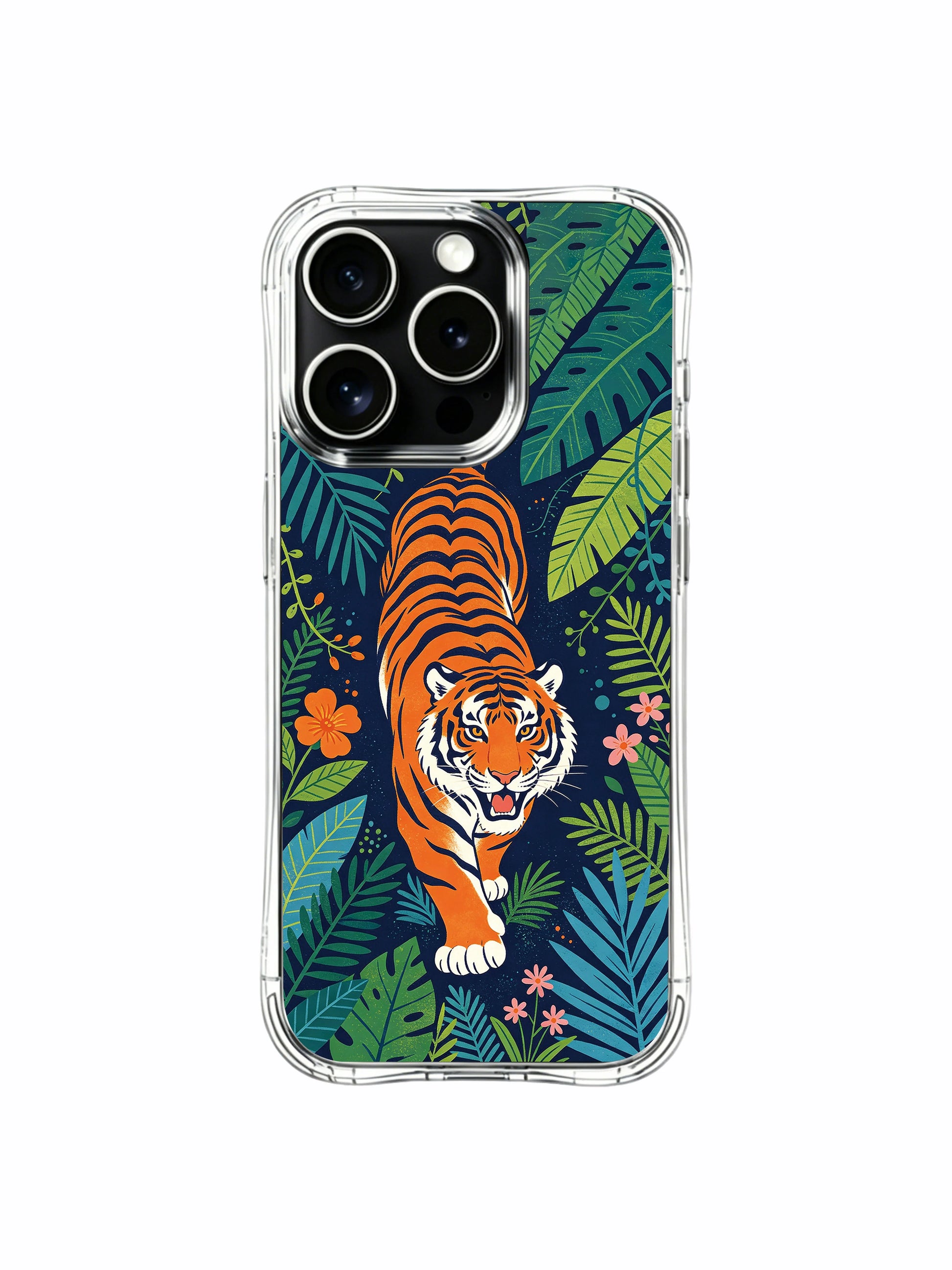 California atelier hand printed orange tiger night garden iPhone 13 pro Case from PhoneCasing, authentic artist illustration phone casing, high-end tropical flora decorated protective cover