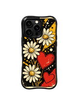 PhoneCasing iPhone 16 pro Case with daisies reimagined as bold attitude symbols against dark red black punk blocks, Ruby Daze original retro rock pop art, premium print casing crafted in California.