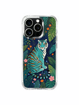 Warm orange striped teal tiger framed by lush tropical canopy blooms iPhone 13 pro Case by PhoneCasing, mixed pink & orange floral illustrated phone cover, UV-printed premium shockproof protective casing
