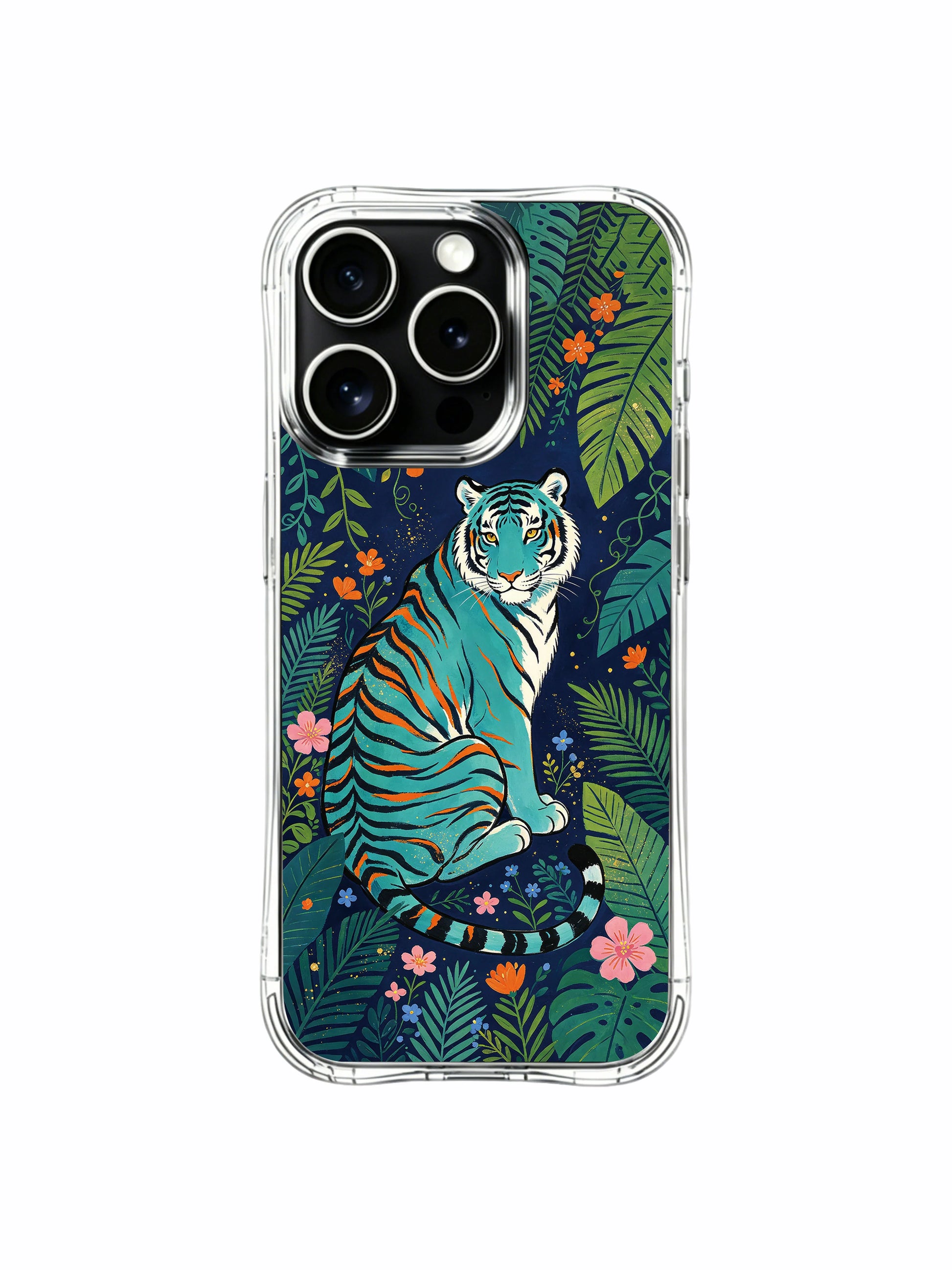 Warm orange striped teal tiger framed by lush tropical canopy blooms iPhone 13 pro Case by PhoneCasing, mixed pink & orange floral illustrated phone cover, fade-resistant premium shockproof protective casing