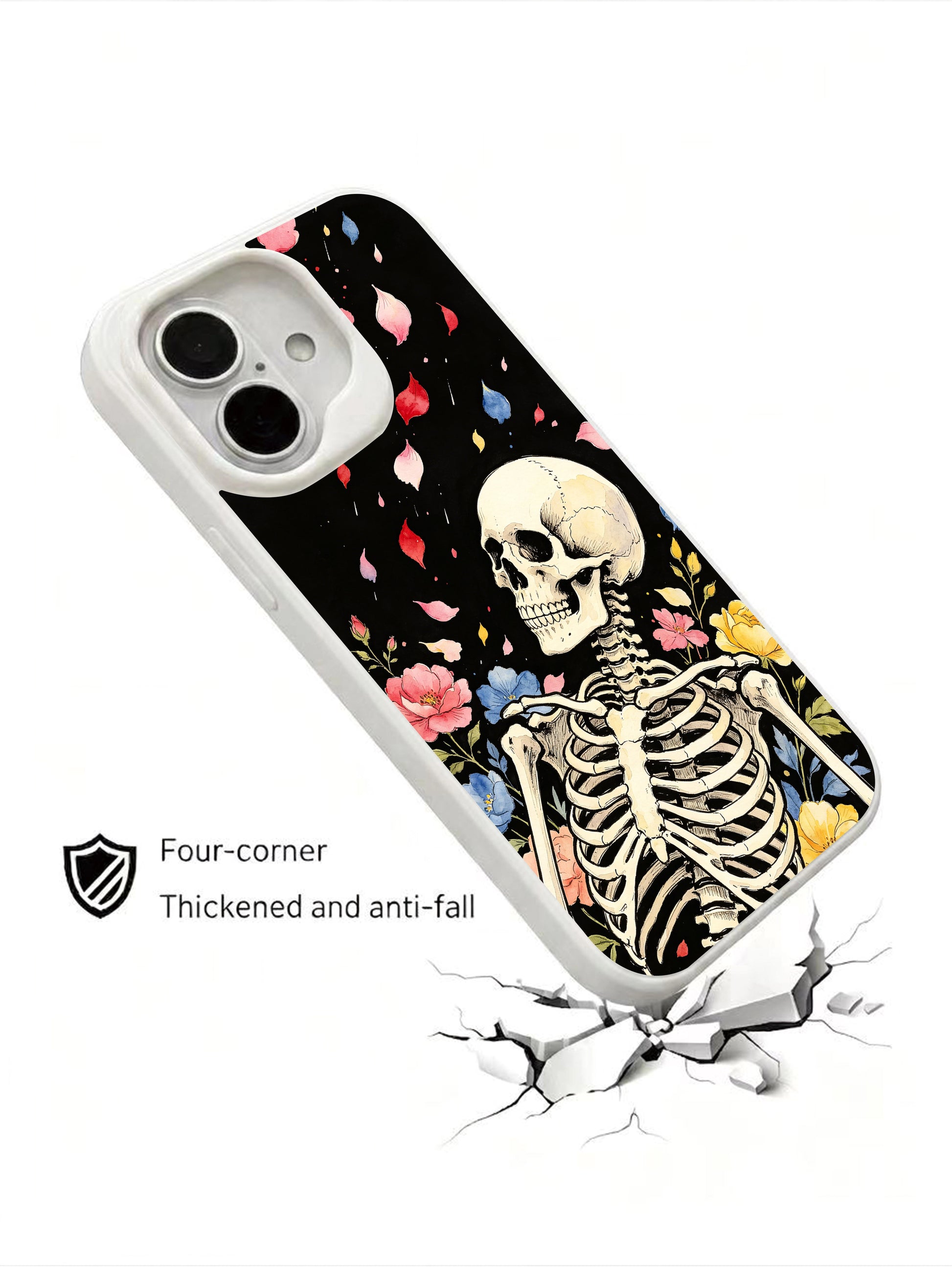 PhoneCasing Awaken From Dream goth iPhone 16 Case, dark academia full torso skeleton illustration with cascading colorful petals falling over cranium and collarbone, four-corner anti-drop reinforced casing USA-manufactured
