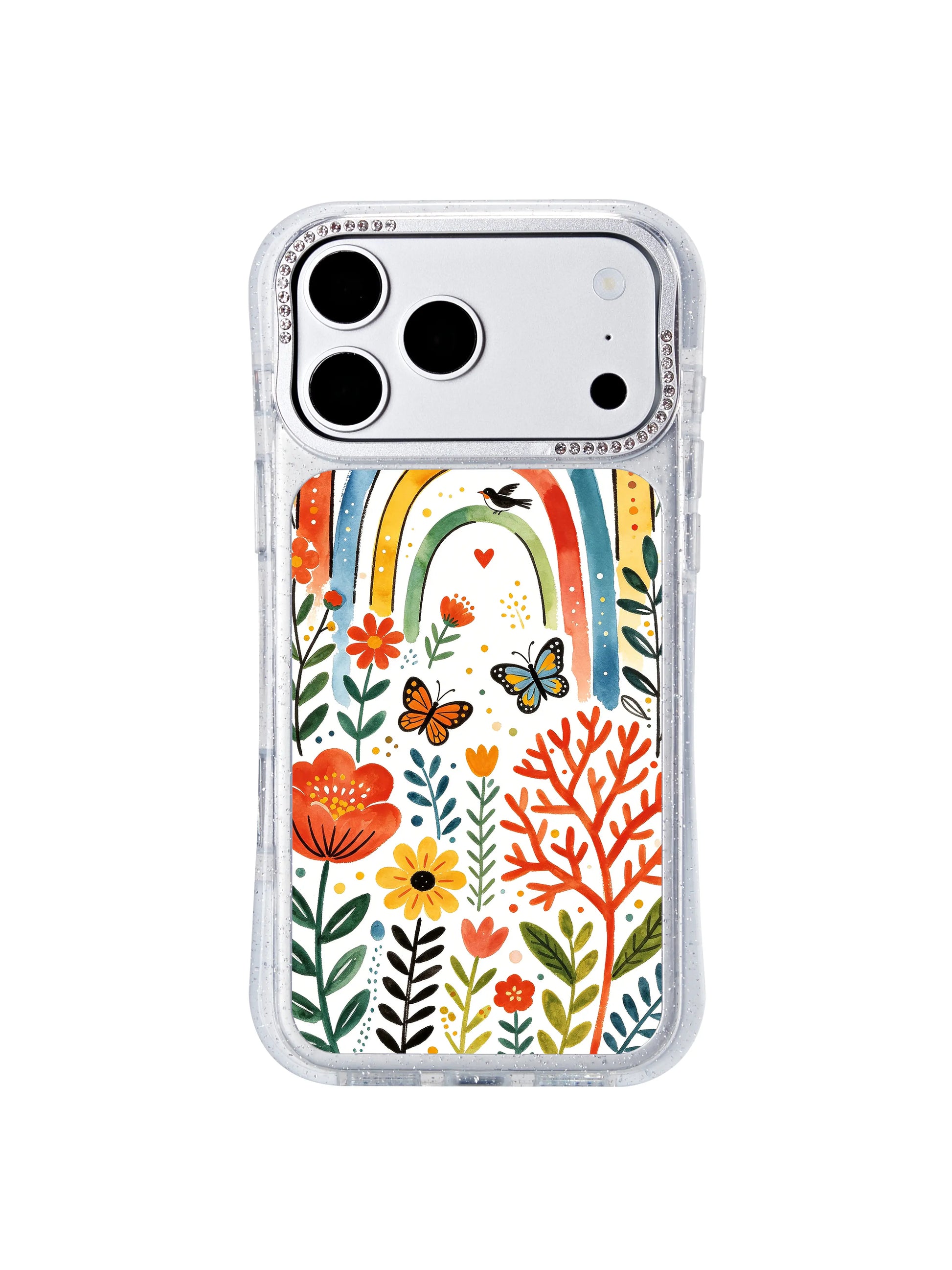 PhoneCasing wearable fine art iphone 17 pro Max case, symmetrical leafy borders framing gradient rainbow arches, soaring songbirds and perched butterflies from Aurelia Finch’s exclusive arch garden collection.