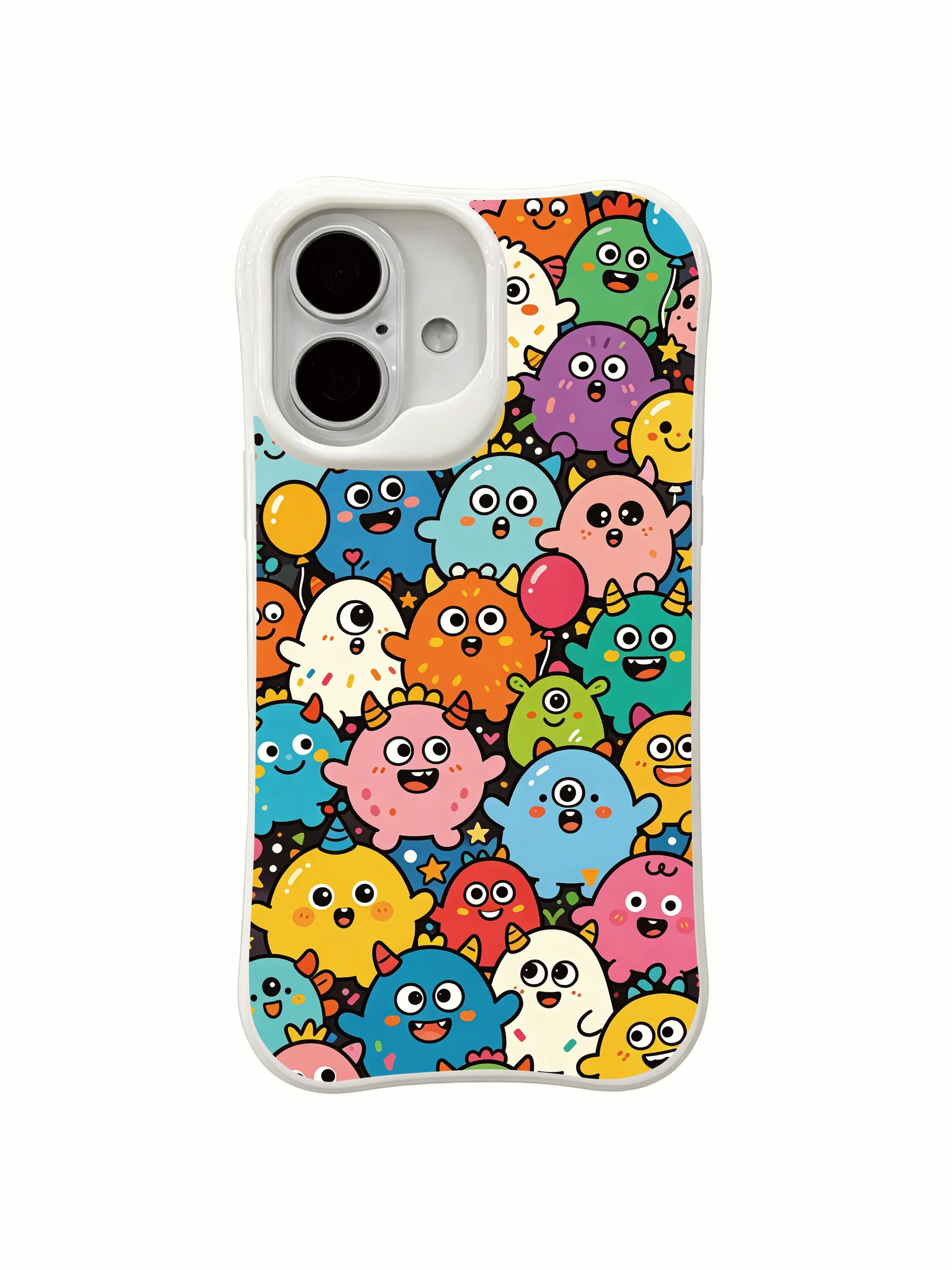 PhoneCasing balloon and star monster iPhone 16 Plus Case, vibrant Candy Monster Parade design by artist Milo Yun, locally made in USA.