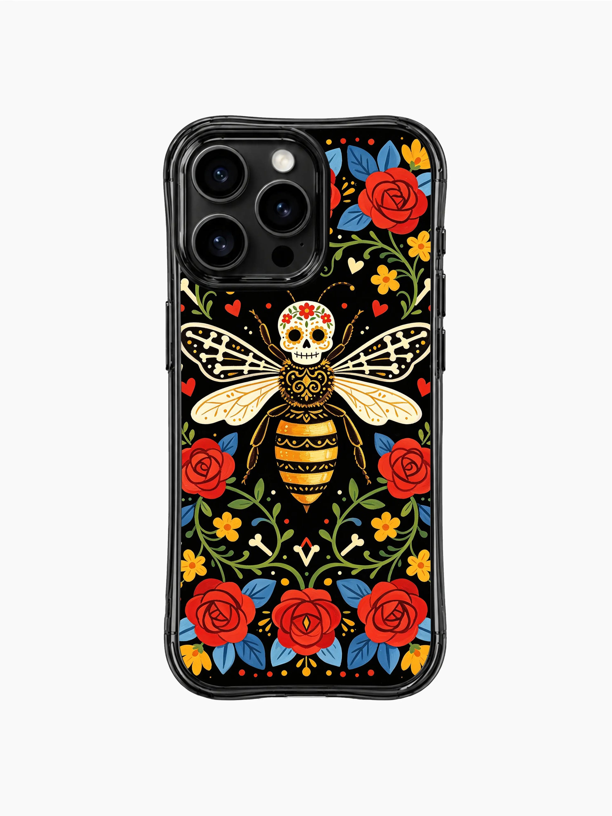 PhoneCasing iPhone 16 pro max case with a bee queen garden motif. Gothic folk art style with sugar skull and flower details.