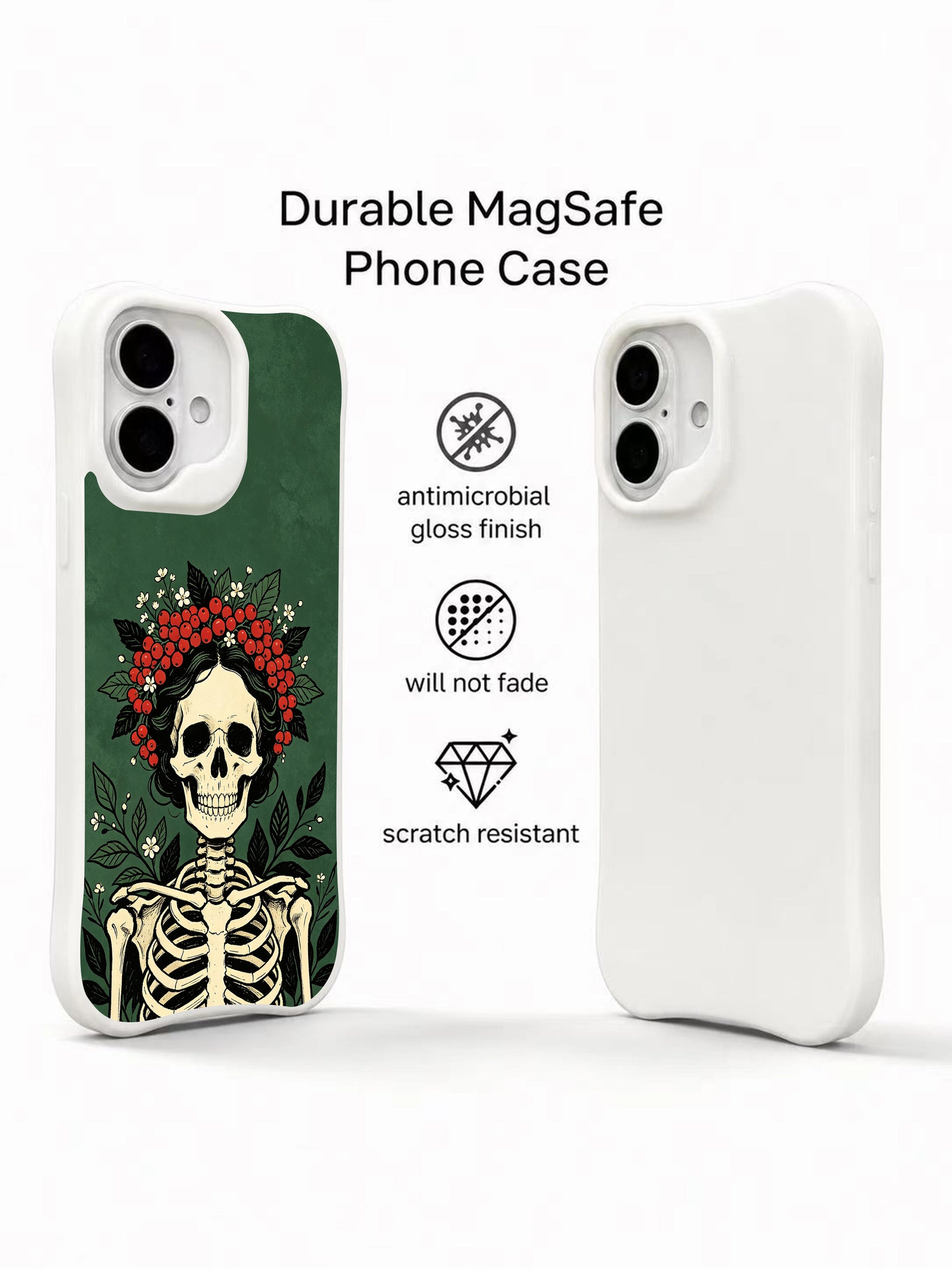 PhoneCasing Berry Crown Skeleton goth iPhone 16 Case, vintage traditional tattoo artwork with full torso skeleton adorned by ripe red berry wreath and green foliage, fade resistant anti-drop protective iPhone 16 cover
