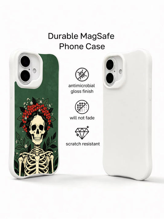 PhoneCasing Berry Crown Skeleton goth iPhone 16 Case, vintage traditional tattoo artwork with full torso skeleton adorned by ripe red berry wreath and green foliage, fade resistant anti-drop protective iPhone 16 cover