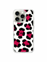 Real-life lifestyle handheld shot of PhoneCasing Berry Wild White leopard iPhone 14 Pro Case, held by model showcasing bold unreserved expressive aesthetic for daily street and casual fashion accessorizing