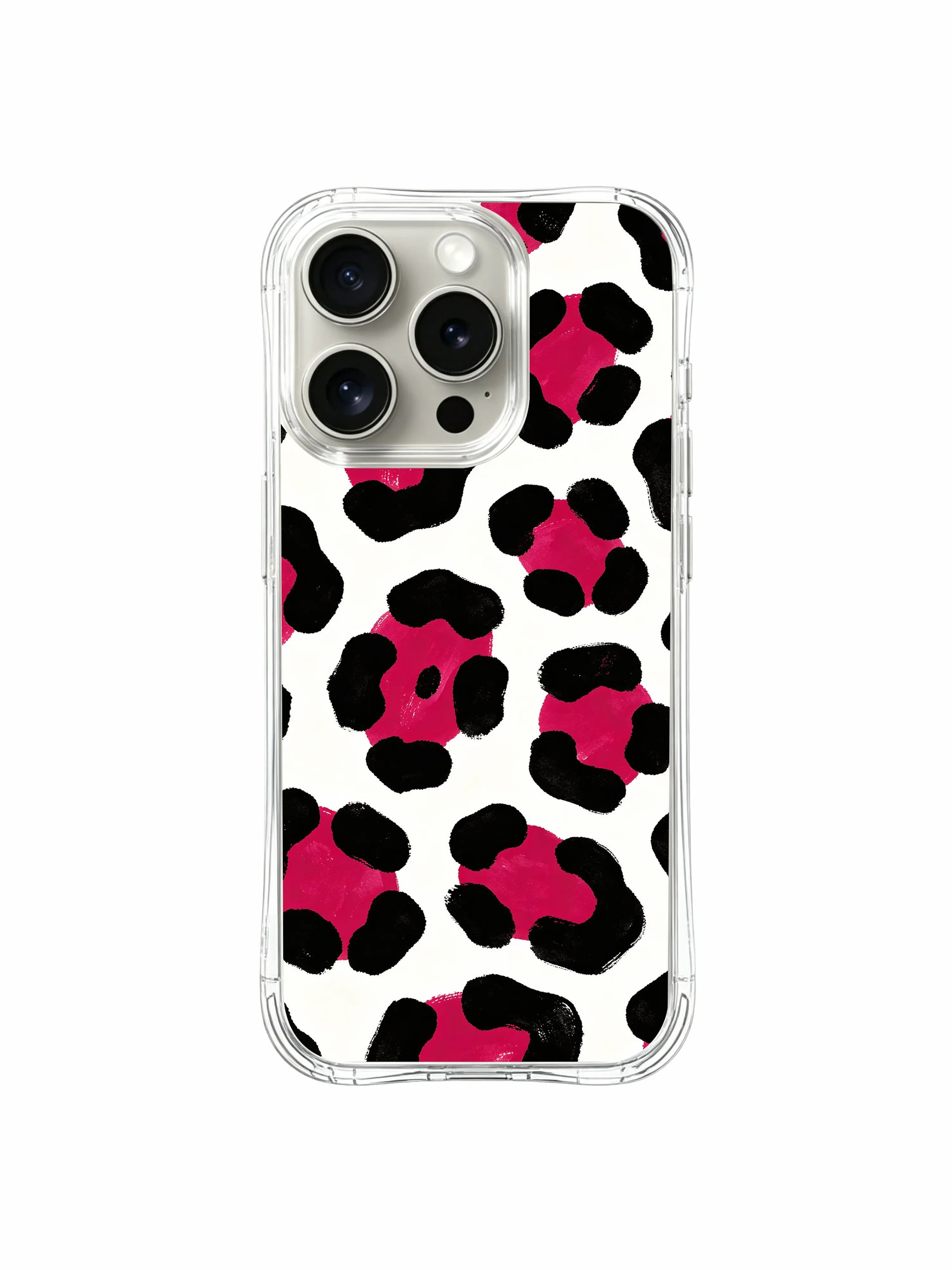 Real-life lifestyle handheld shot of PhoneCasing Berry Wild White leopard iPhone 14 Pro Case, held by model showcasing bold unreserved expressive aesthetic for daily street and casual fashion accessorizing