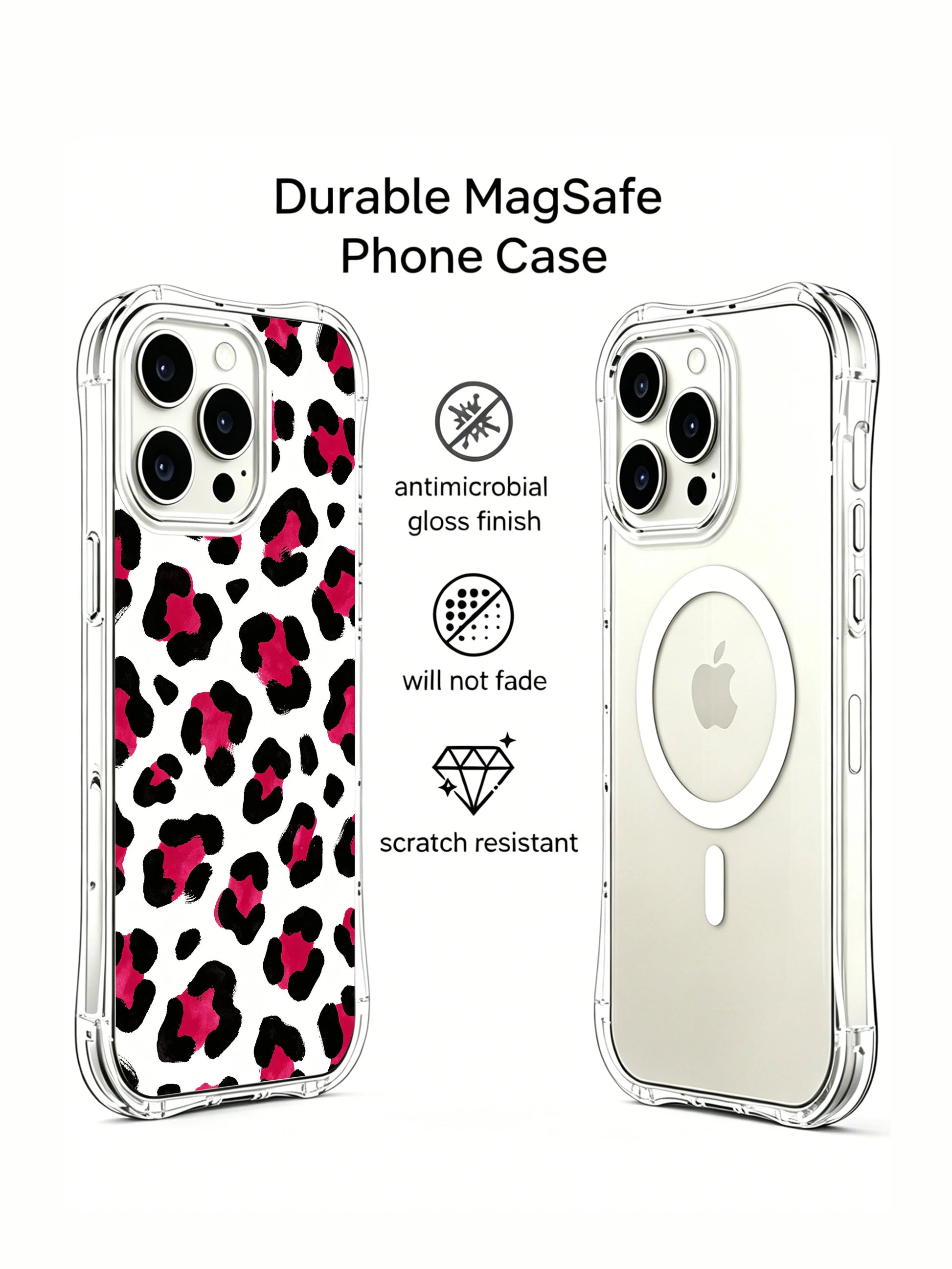 Macro texture shot of PhoneCasing Berry Wild White leopard iPhone 14 Pro Case, layered clean white backdrop + juicy watercolor pink speckled rosette centers, fade-proof museum-grade archival ink printing