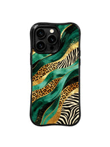 PhoneCasing best iPhone 15 pro max case for art lovers, hand-drawn emerald leopard gold river design, unique artistic phone casing.