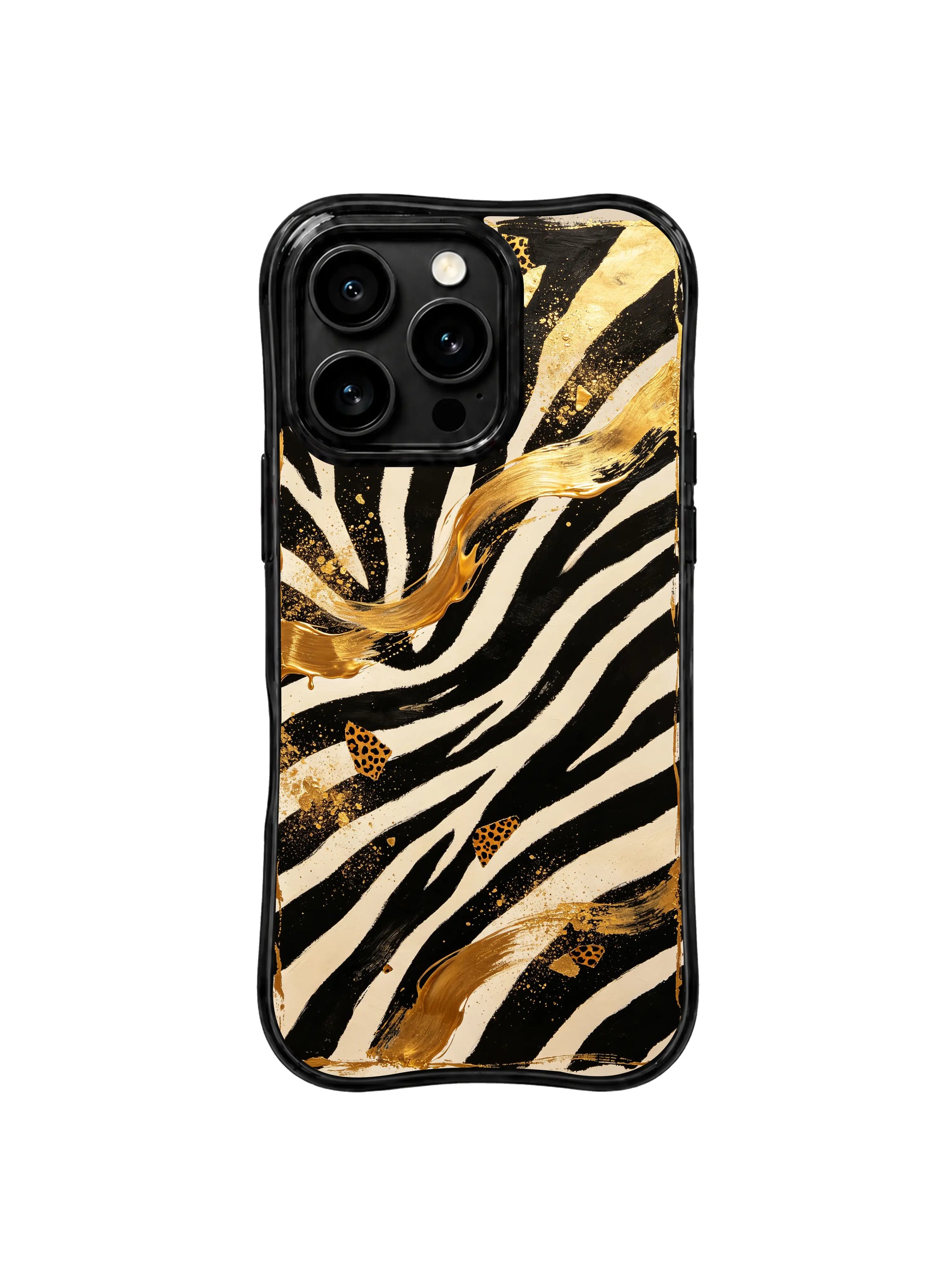 PhoneCasing best iPhone 15 pro max case for minimalist edgy style, hand-drawn gold zebra night design, unique artistic phone casing.