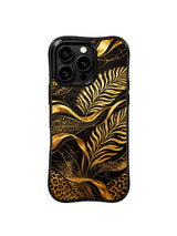 PhoneCasing best iPhone 15 pro max case by designer Aurelia Wilden, signature flowing ribbon edge and hidden leopard black gold luxury print.