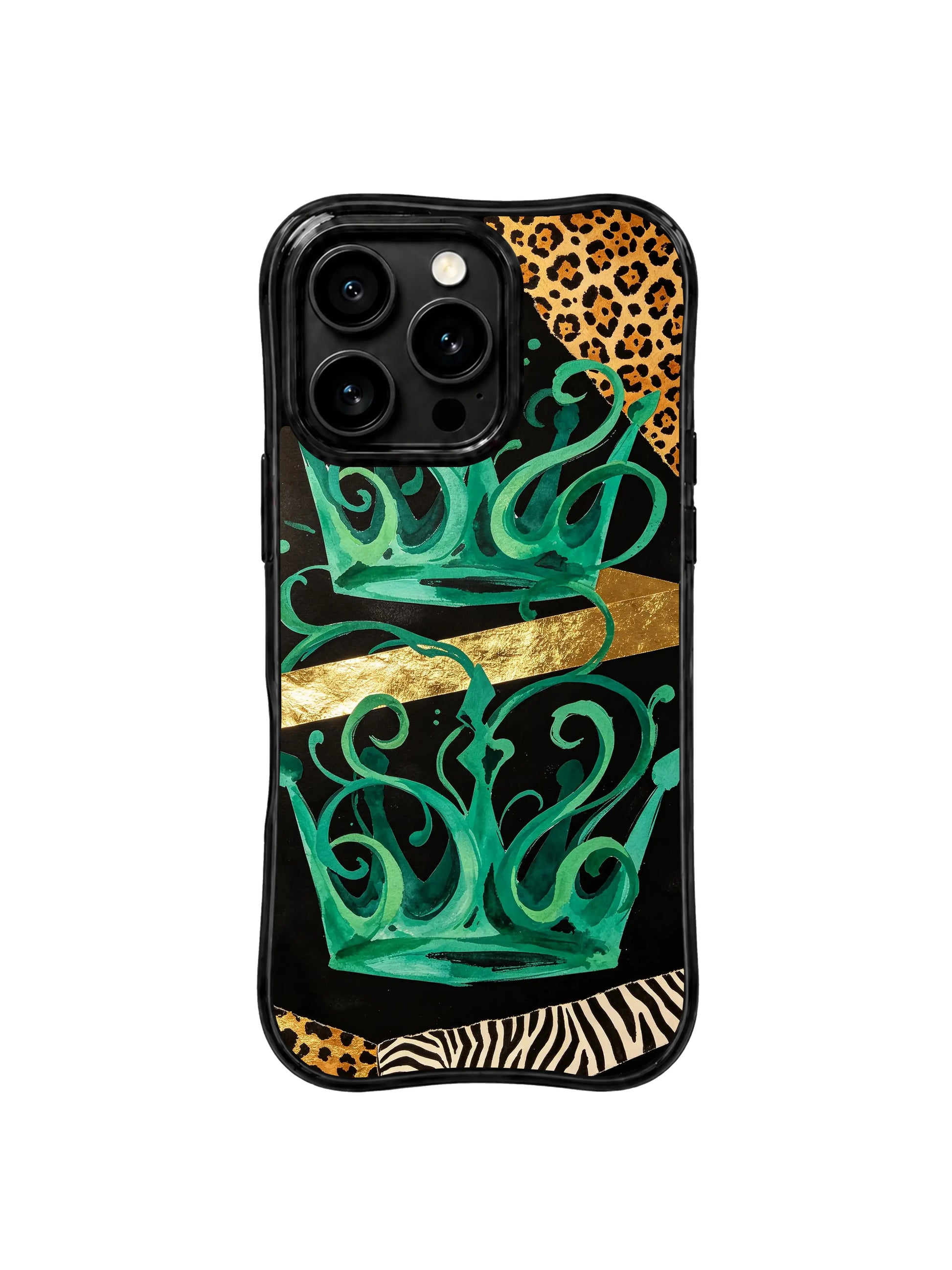 PhoneCasing best iPhone 15 pro max case by designer Aurelia Wilden, signature symmetrical crown structure and wild leopard print regal design.