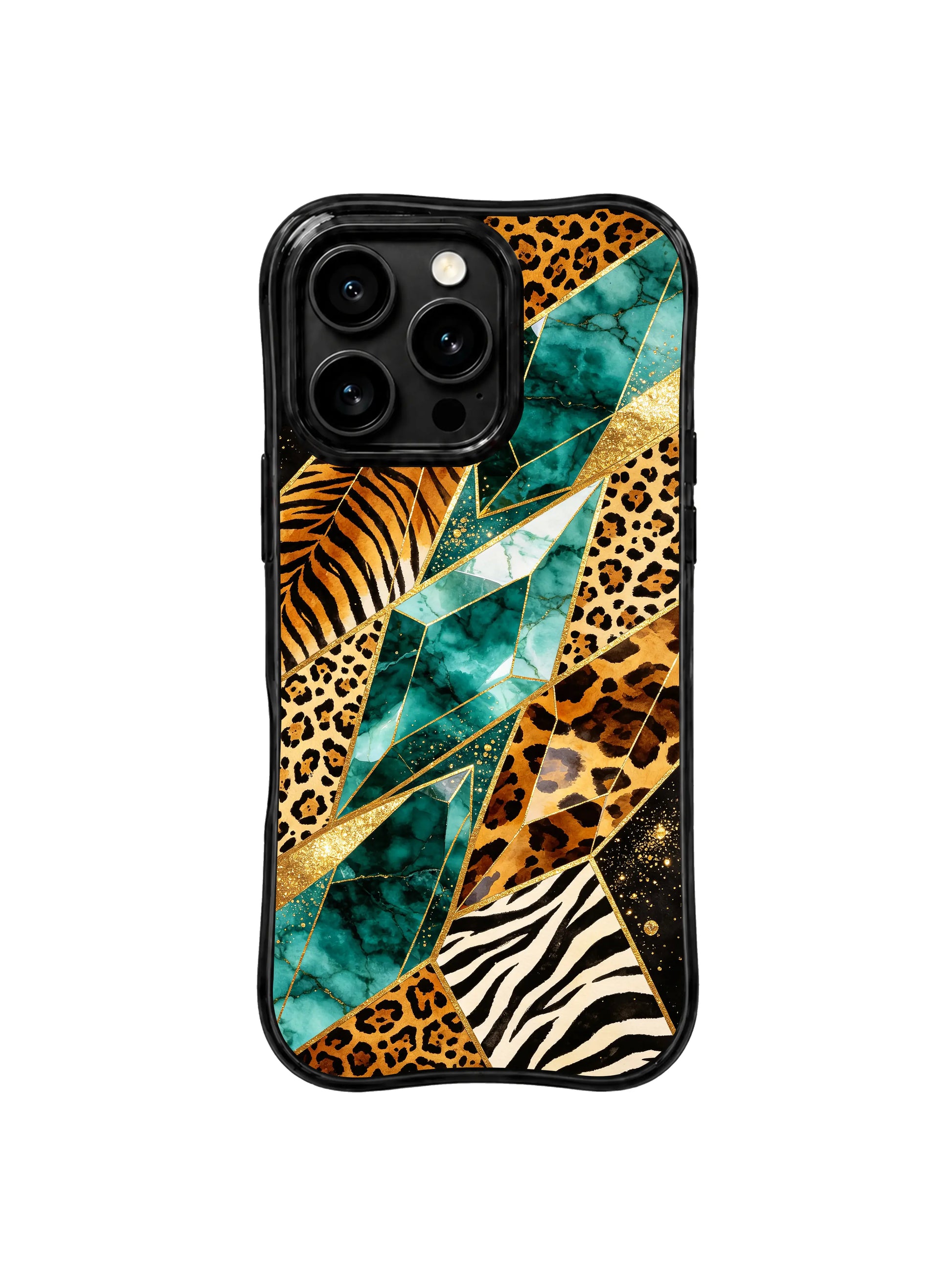 PhoneCasing best iPhone 15 pro max case by designer Aurelia Wilden, signature sharp faceted edges and mixed animal gem luxury print.