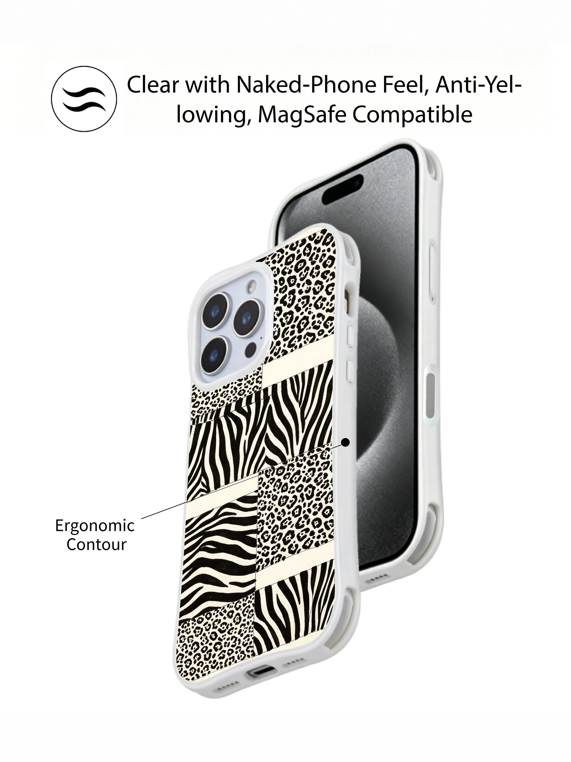 PhoneCasing best iPhone 15 pro max case by designer Aurelia Wilden, signature balanced vertical animal patches and sharp line minimalist design.
