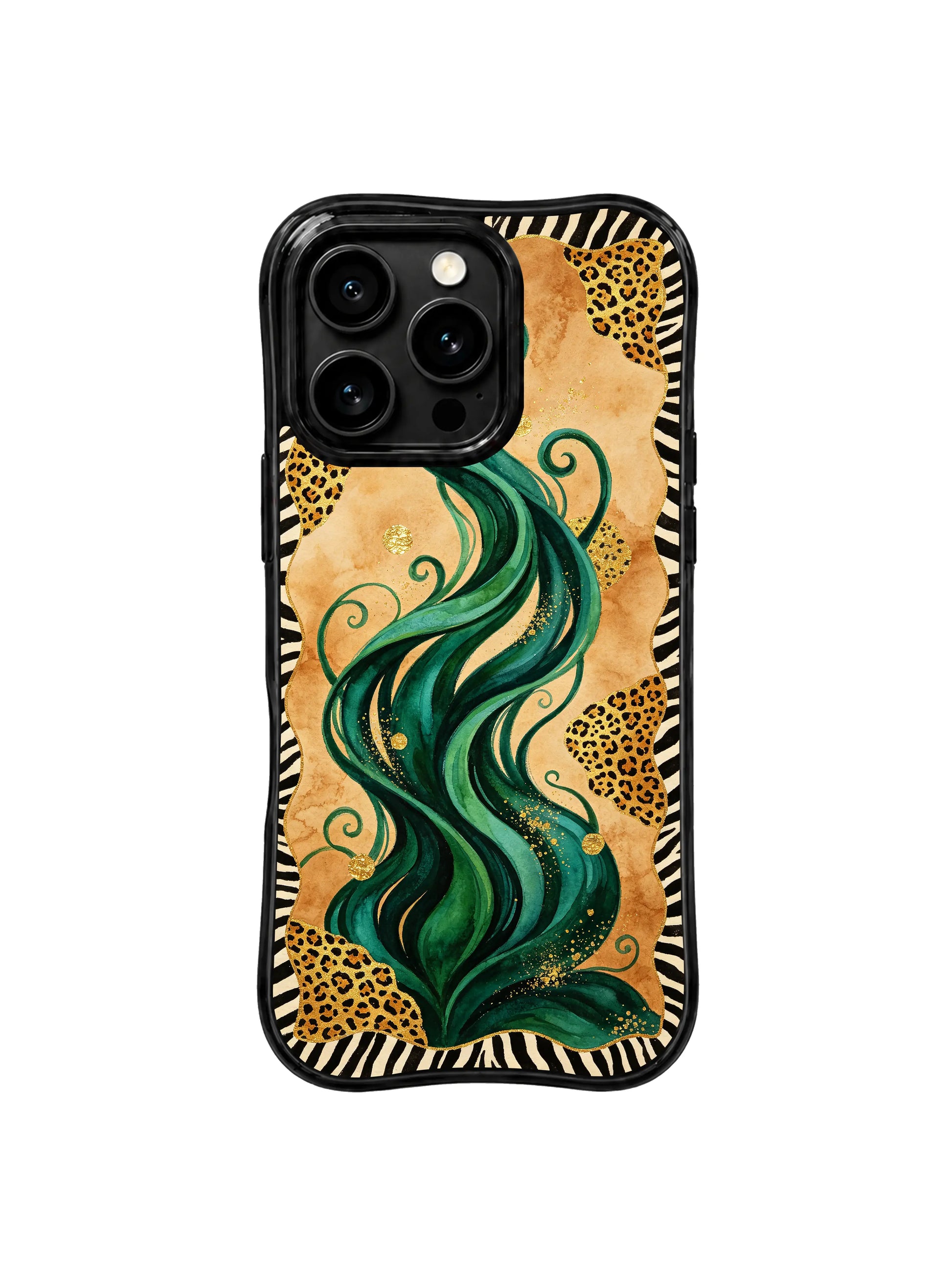 PhoneCasing best iPhone 15 pro max case for elegant quiet style, oasis leopard with circling gold lines by Aurelia Wilden, slim protective phone case.