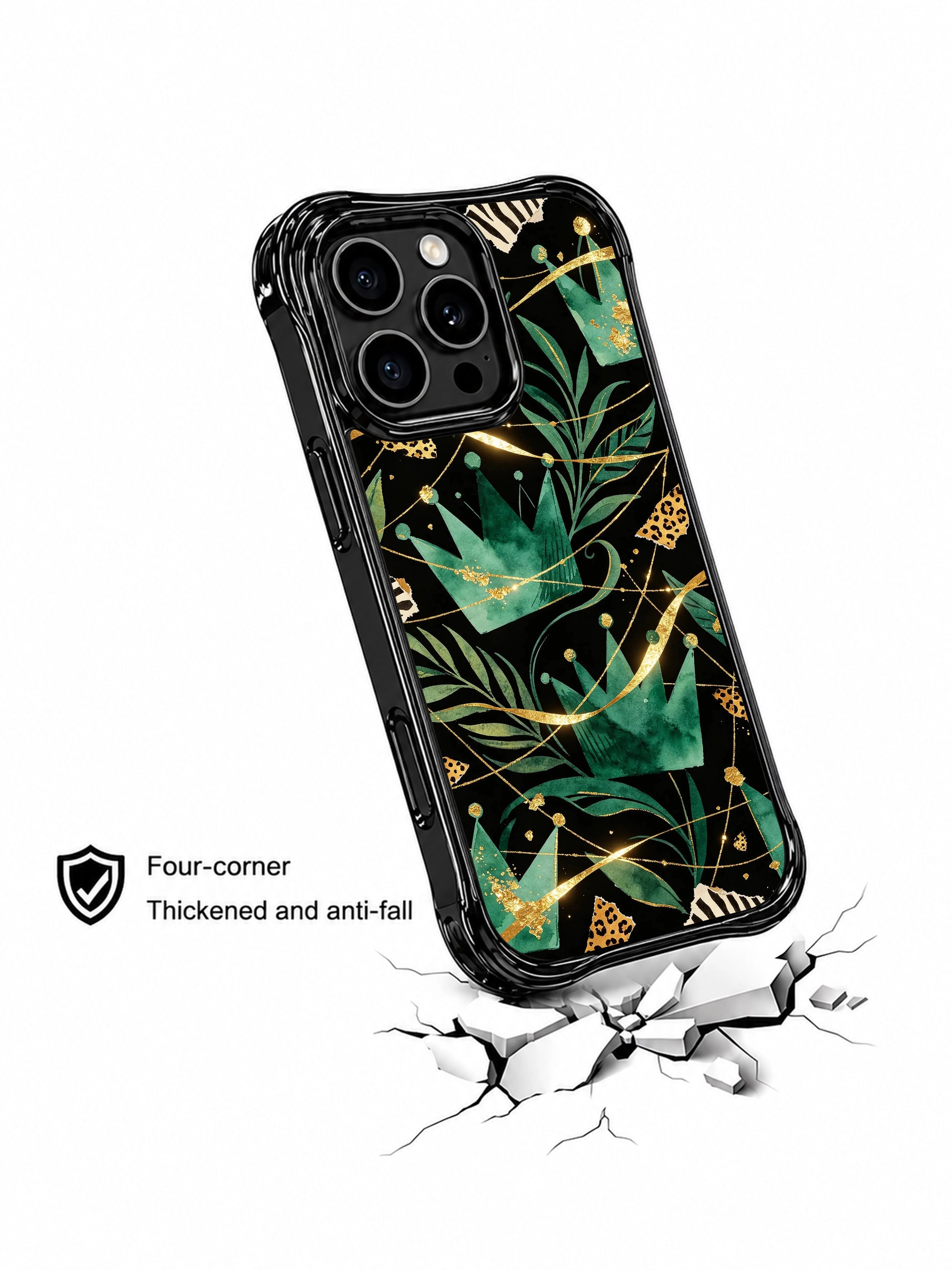 PhoneCasing best iPhone 15 pro max case for power dressing, wild crown regal emerald black gold by Aurelia Wilden, slim protective phone case.