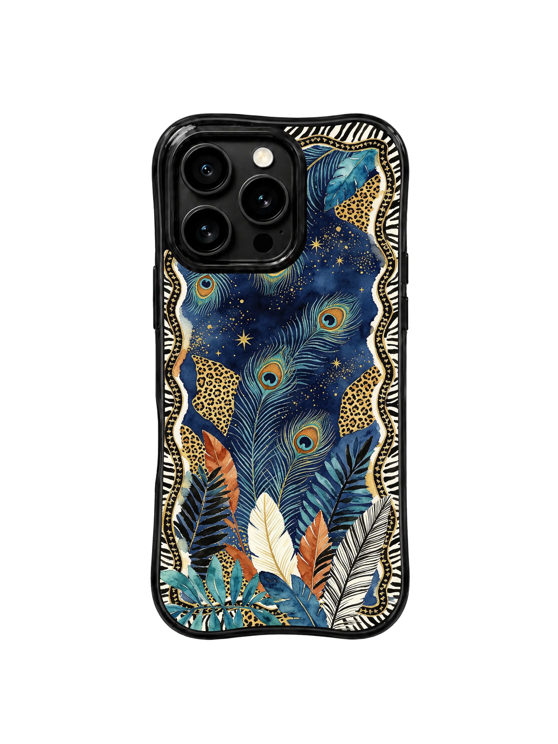 PhoneCasing best iPhone 15 pro max case for bohemian style, peacock and gold leopard gate design by Aurelia Wilden, slim protective phone case.