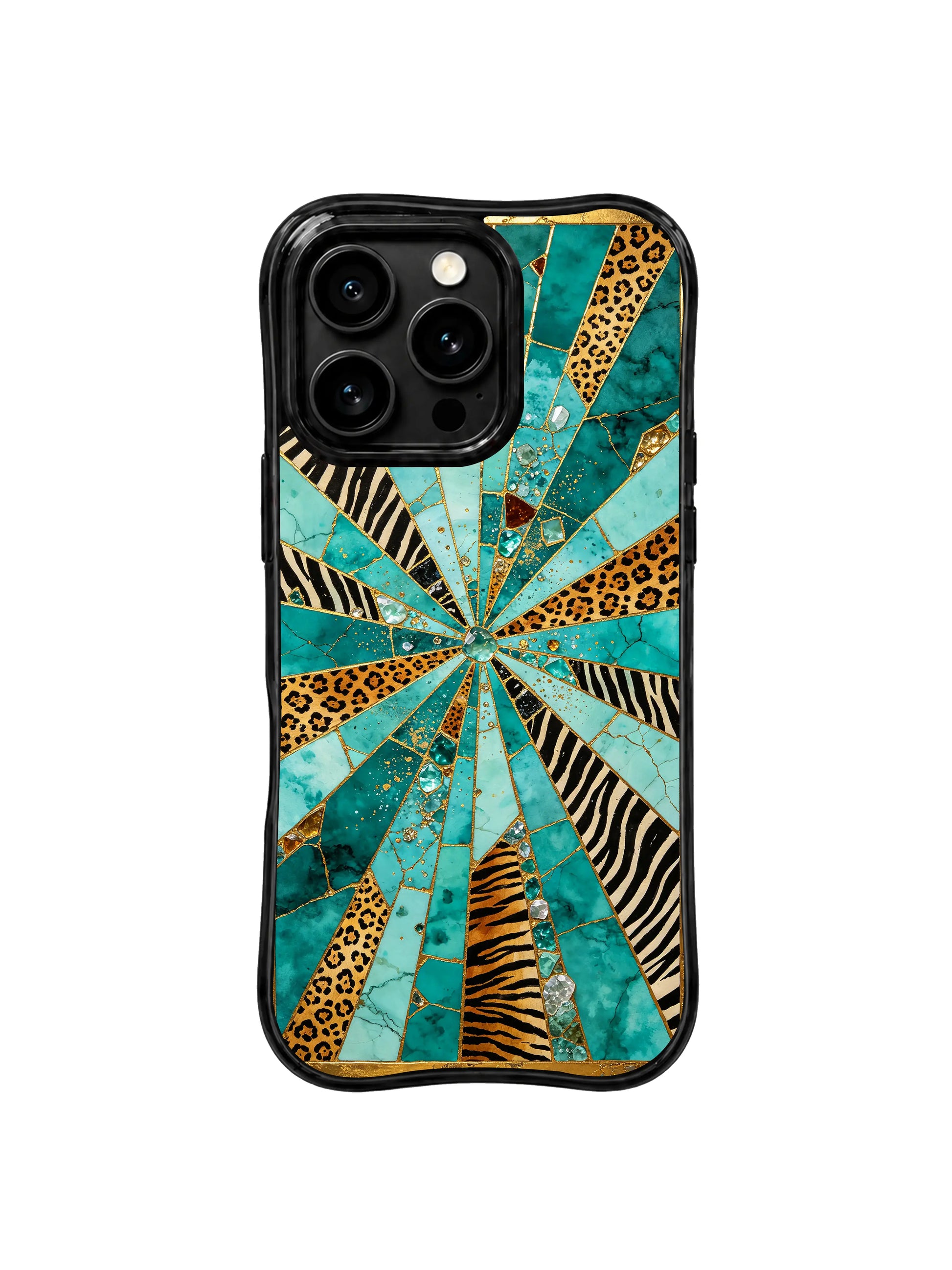 PhoneCasing best iPhone 15 pro max case for boho vacation style, turquoise gold beast print design by Aurelia Wilden, slim protective phone case.