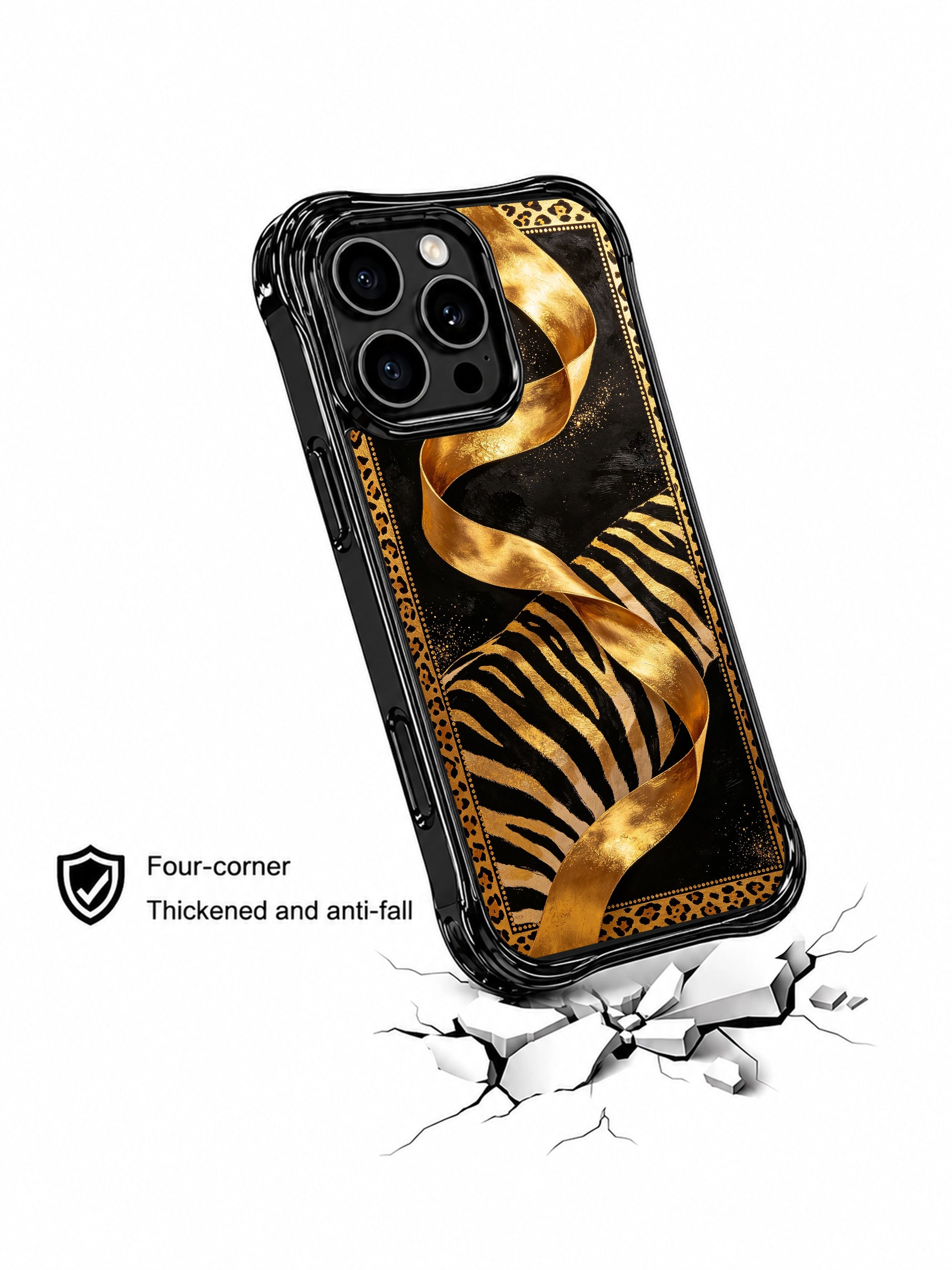 PhoneCasing best iPhone 15 pro max case for formal wear, black gold jungle ribbon with hidden leopard detail by Aurelia Wilden, slim protective phone case.