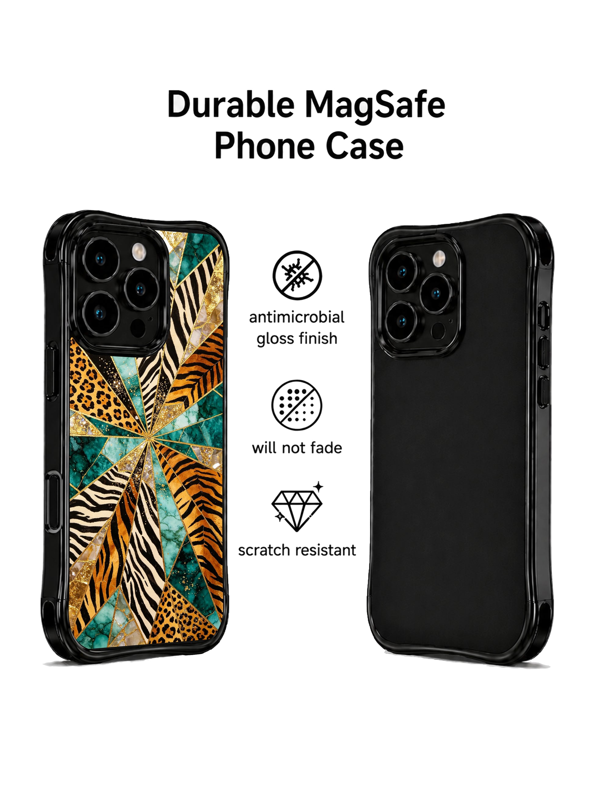 PhoneCasing best iPhone 15 pro max case for bold jewelry style, wild gem facet mixed animal print by Aurelia Wilden, slim protective phone case.