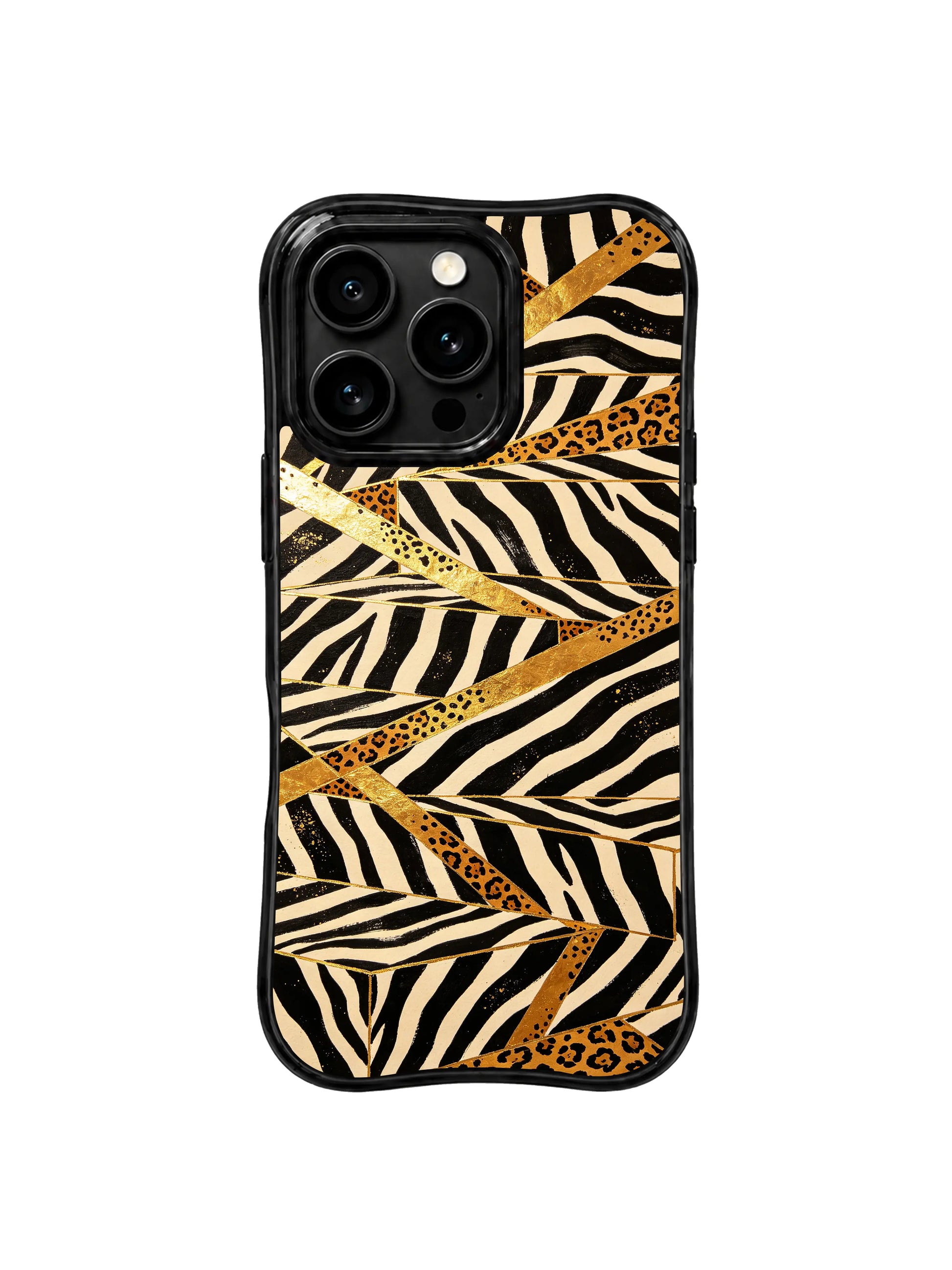 PhoneCasing best iPhone 15 pro max case for minimalist modern style, hand-drawn zebra gold foil staircase design, clean artistic phone casing.