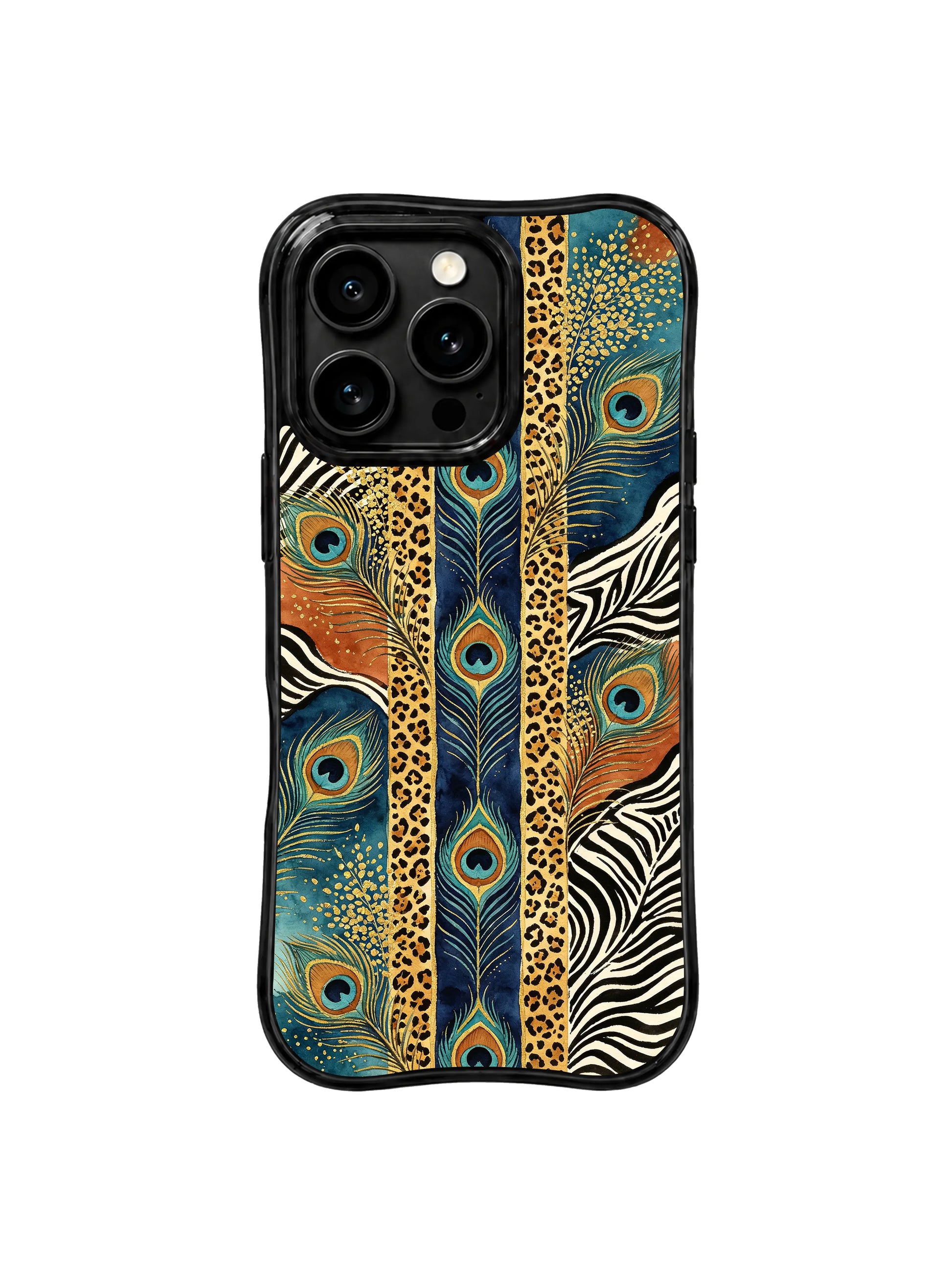PhoneCasing best iPhone 15 pro max case for vacation, hand-drawn peacock and leopard gate design, unique artistic phone casing.