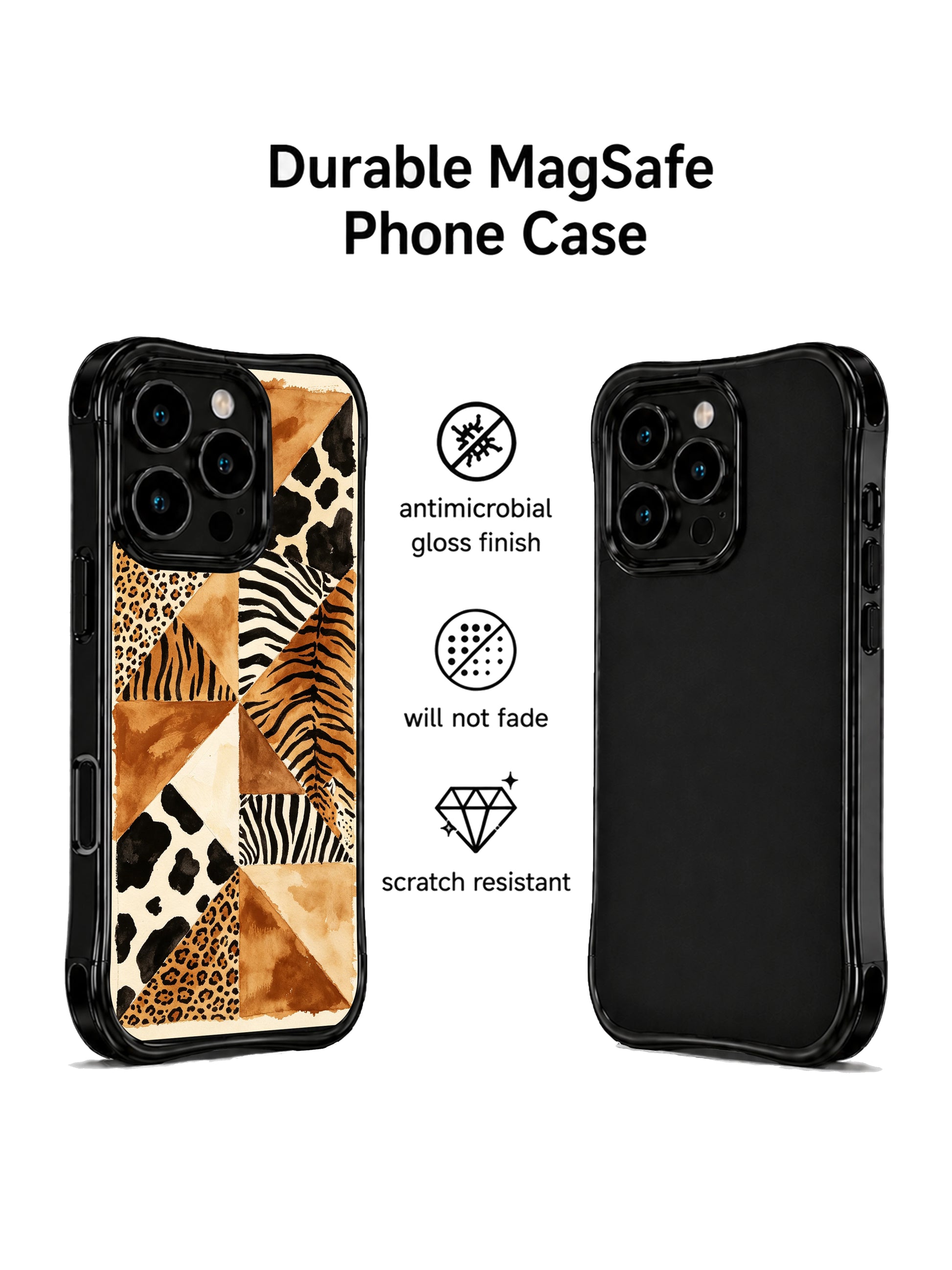 PhoneCasing best iPhone 15 pro max case for everyday wear, vintage leopard patchwork design by Aurelia Wilden, slim protective phone case.