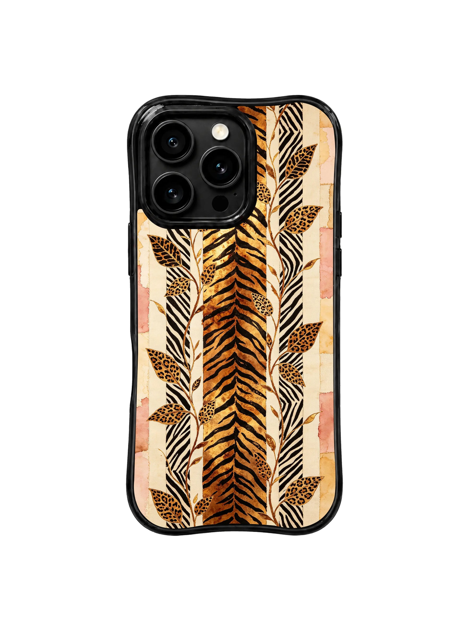 PhoneCasing best iPhone 15 pro max case for outdoor and everyday wear, hand-drawn bronze tiger weave design, unique artistic phone casing.
