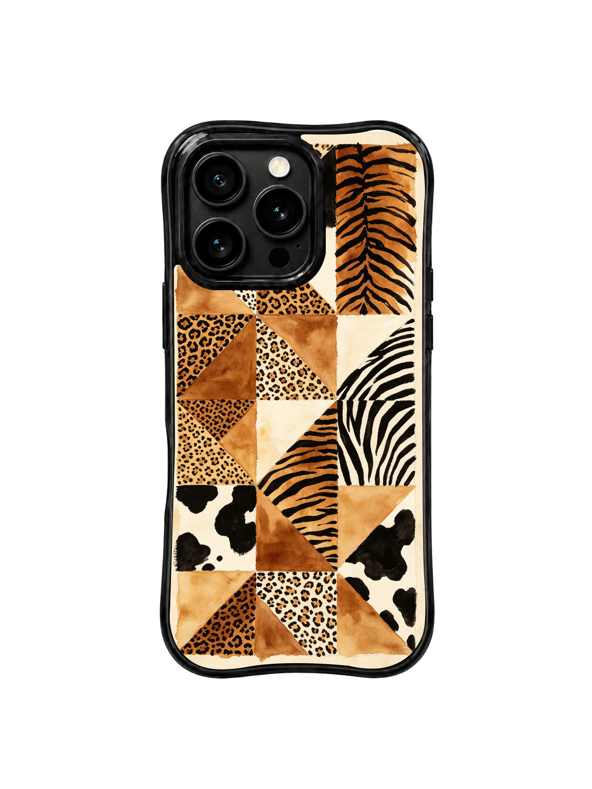 PhoneCasing best iPhone 15 pro max case for western vintage style, hand-drawn leopard patchwork design, unique artistic phone casing.