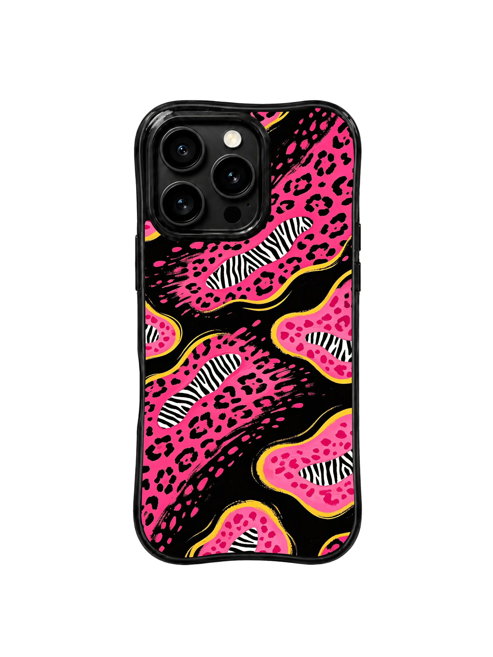 PhoneCasing best iPhone 15 pro max case for fun date night style, leopard rose night with playful yellow wave lines by Aurelia Wilden, slim protective phone case.
