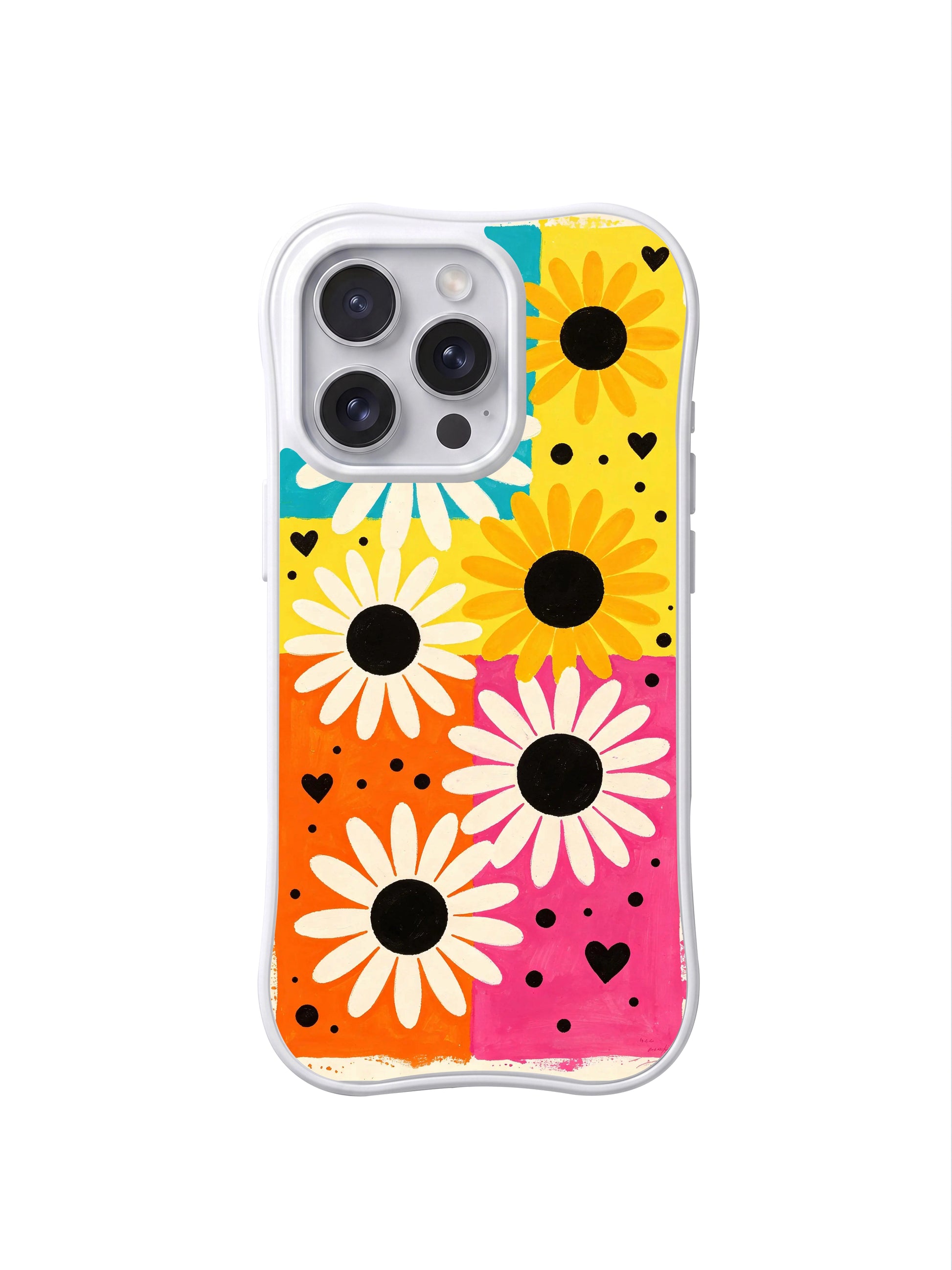 PhoneCasing iPhone 16 pro Case with oversized spotlight daisy rough hand-sketched outlines, Ruby Daze original candy pop art, premium wavy print casing crafted in California.