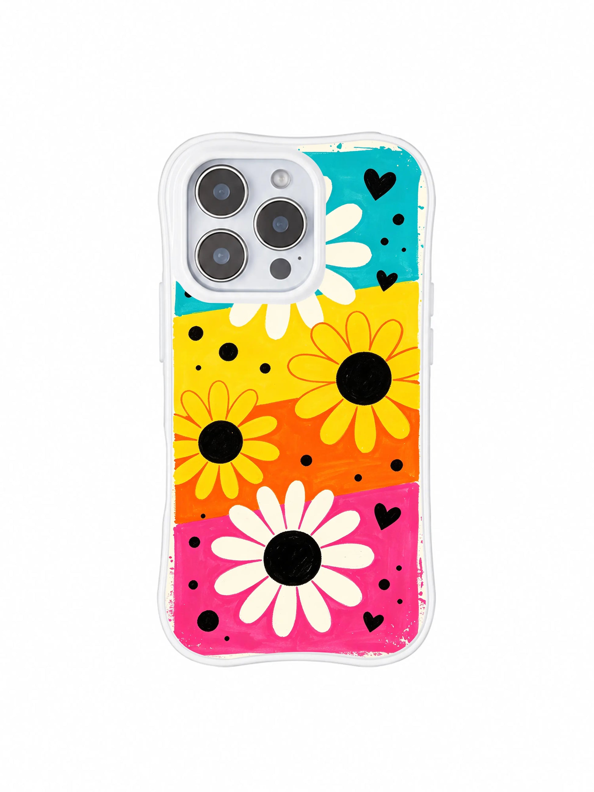 PhoneCasing iPhone 16 pro Case with oversized spotlight daisy rough hand-sketched outlines, Ruby Daze original candy pop art, premium wavy print casing crafted in California.