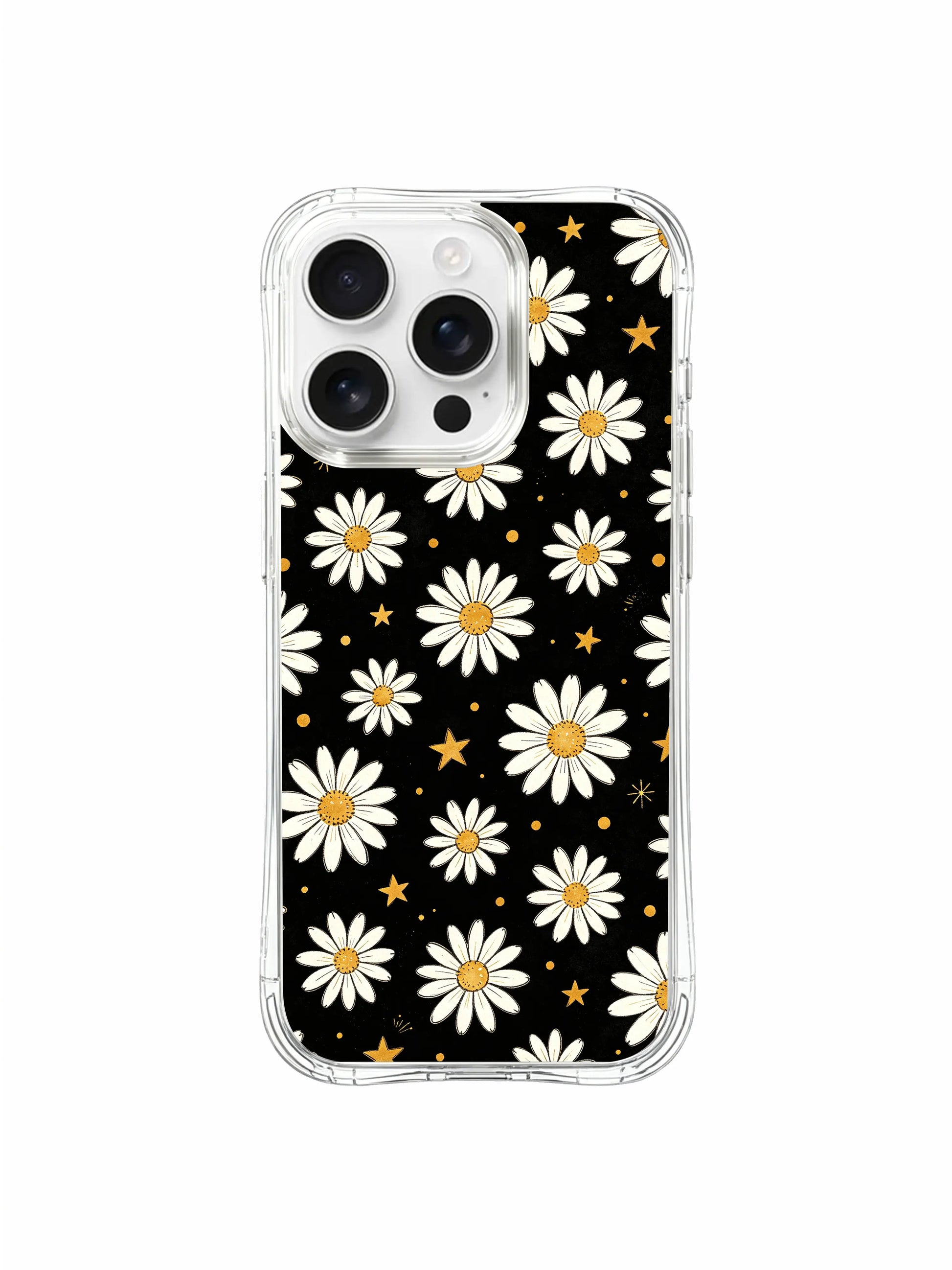 PhoneCasing iPhone 16 Pro Max Case with Black Background Daisies print, white flowers scattered across a moody black base with golden details.