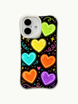 PhoneCasing neon party hearts iPhone 16 plus case on a black background, a stylish iphone 16 plus casing with bright, vivid hearts and festive details for a fun look.