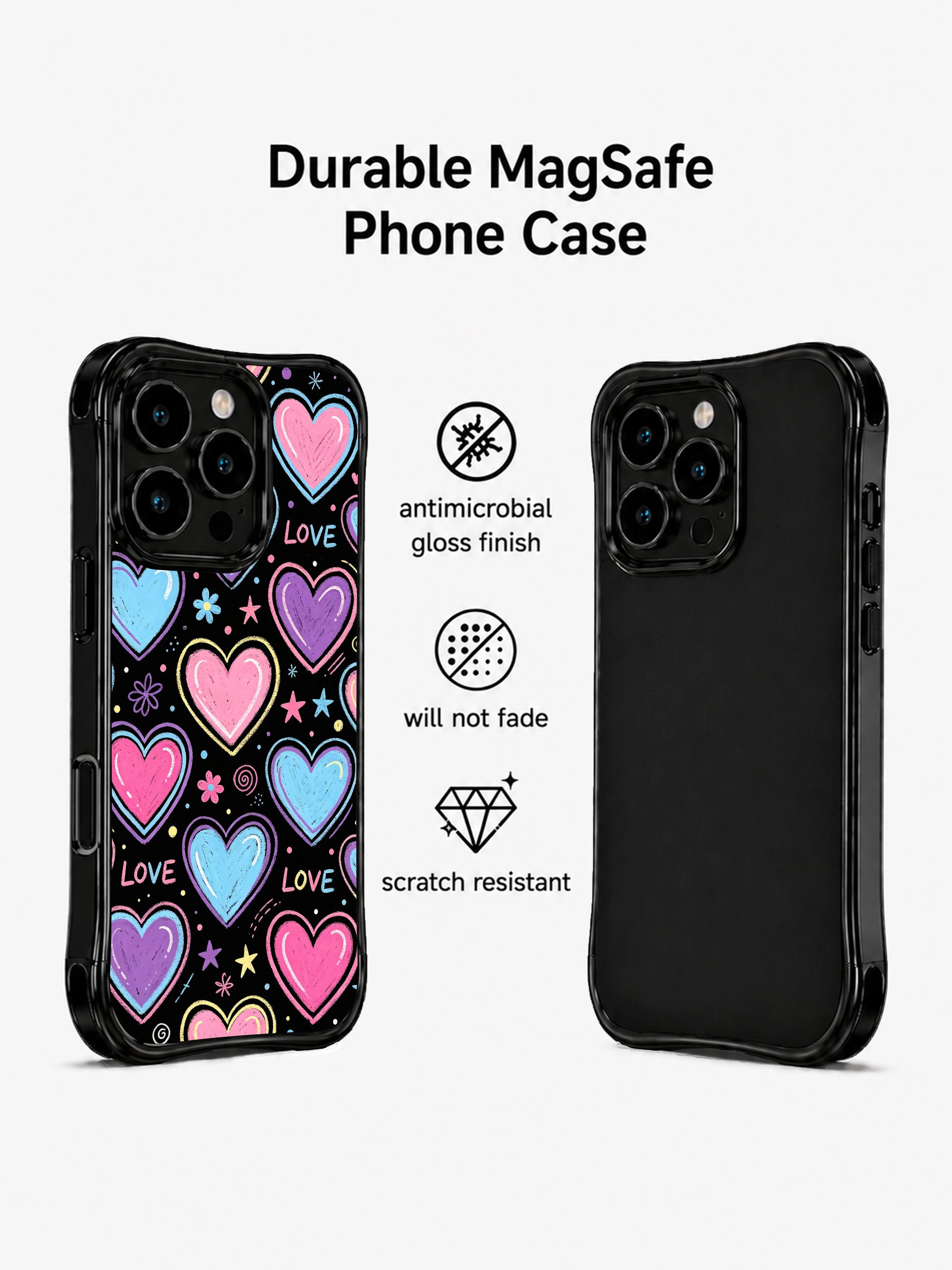 PhoneCasing iPhone 13 Pro Max cover with floating bubblegum candy hearts over dark night backdrop, soft chalk sketch romantic artistic casing.