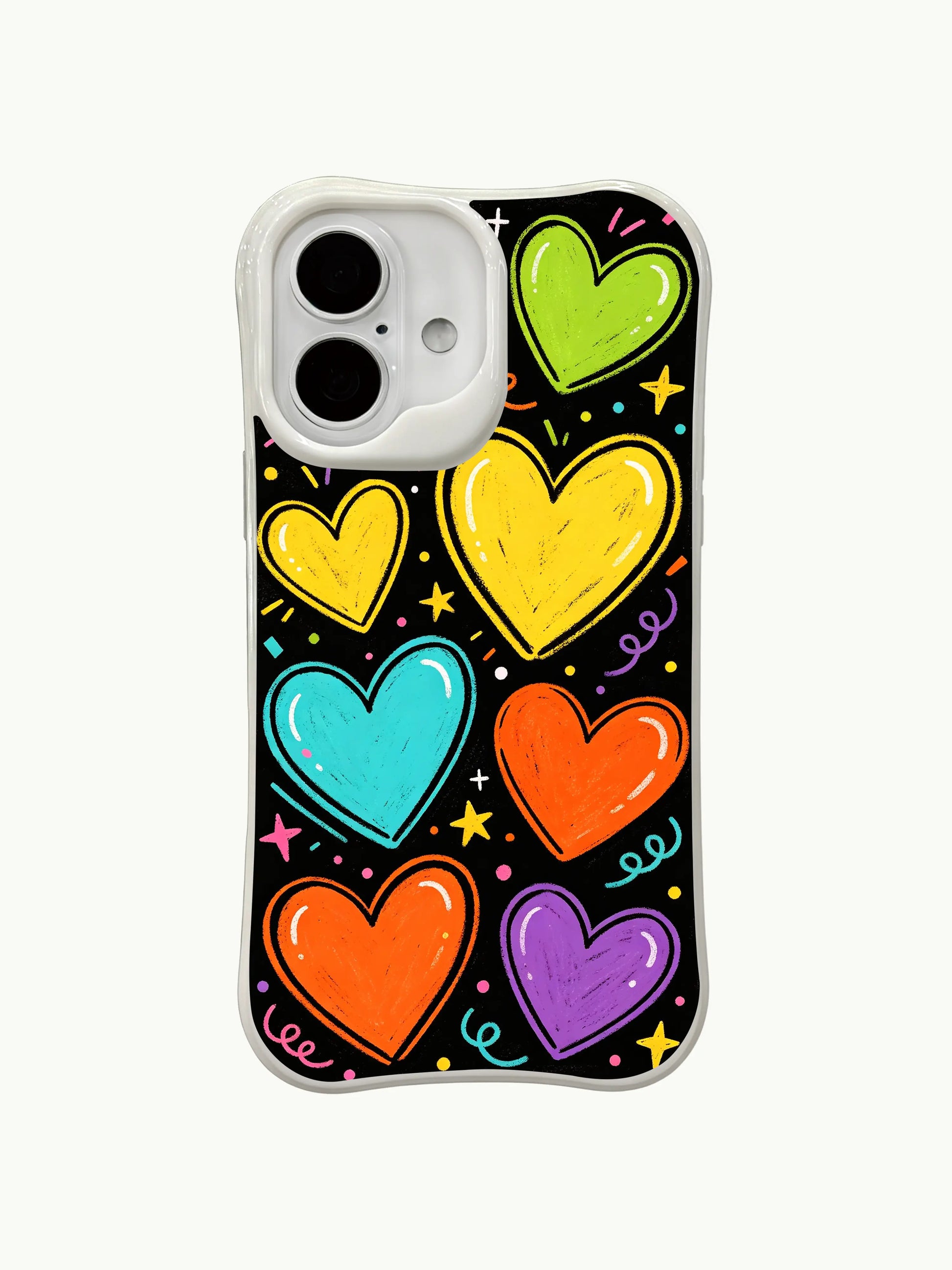 PhoneCasing colorful hearts on black base iPhone 16 plus case, a bold iphone 16 plus casing with bright neon hearts and party details that stand out against the dark background.