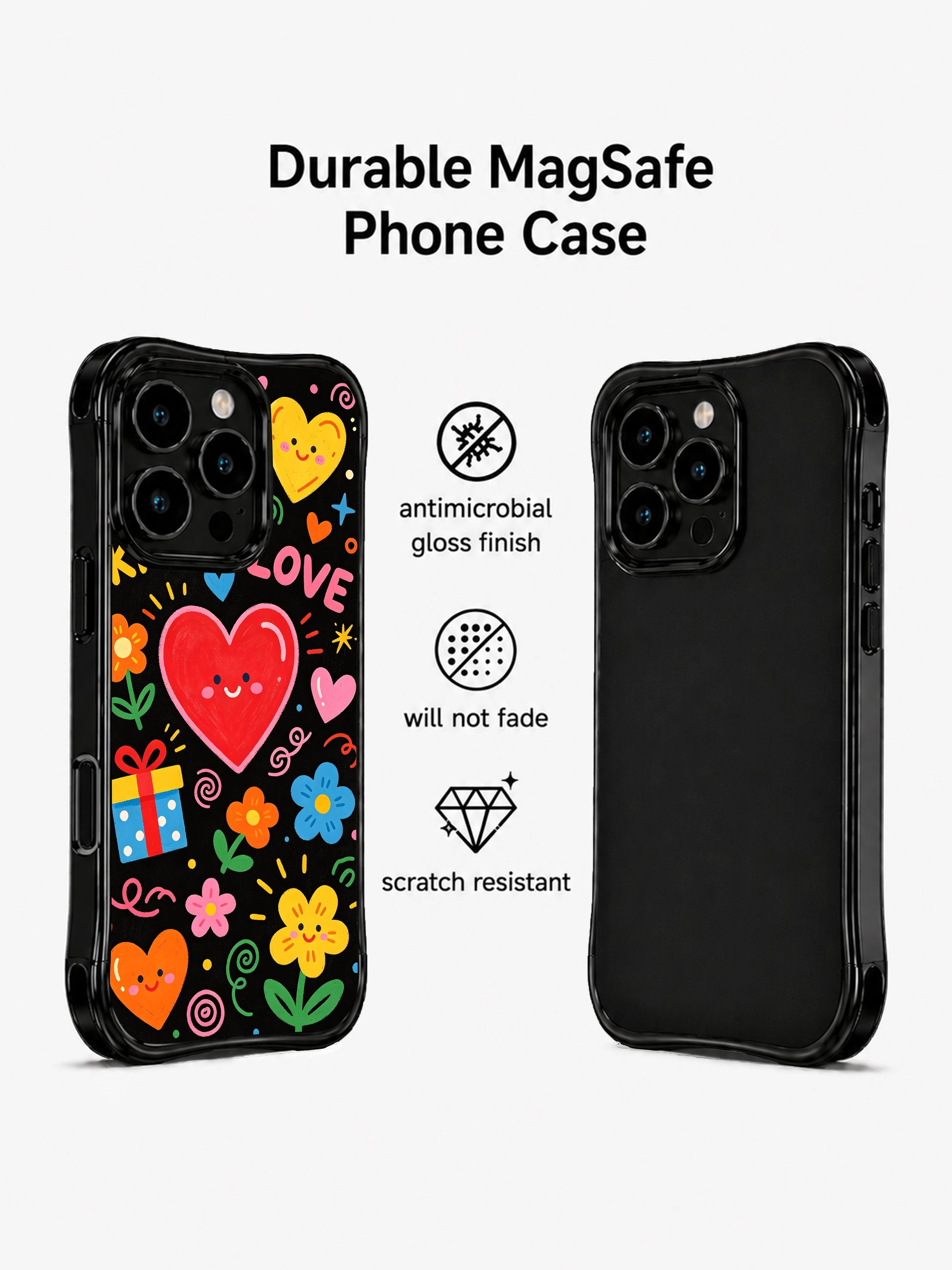PhoneCasing iPhone 13 Pro Max cover deep black canvas filled with packed valentine celebration doodles of hearts, blooms and gift parcels, delivers upbeat joyful holiday crush vibe, cheerful youthful artistic casing.
