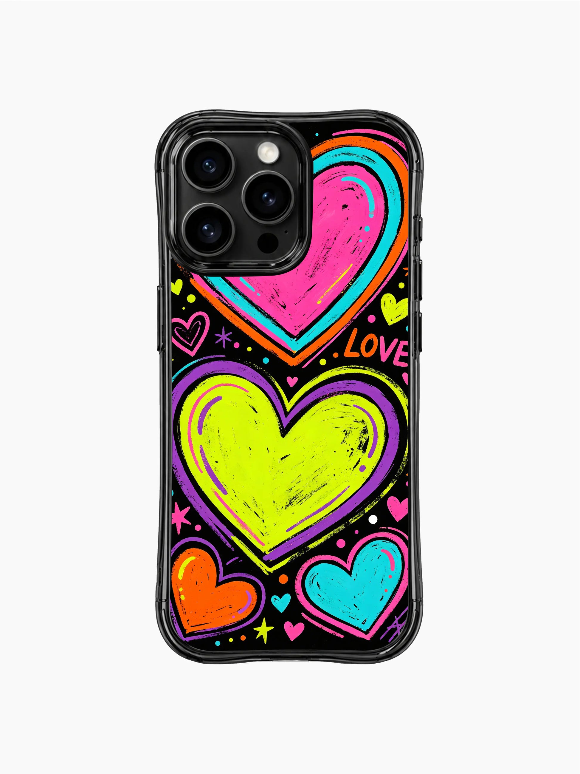 Nova Heartwell exclusive PhoneCasing iPhone 13 Pro Max cover, solid dark background Loud Love Energy dynamic heart pattern, rough crayon jumping neon hearts, loud unfiltered romantic statement valentine casing