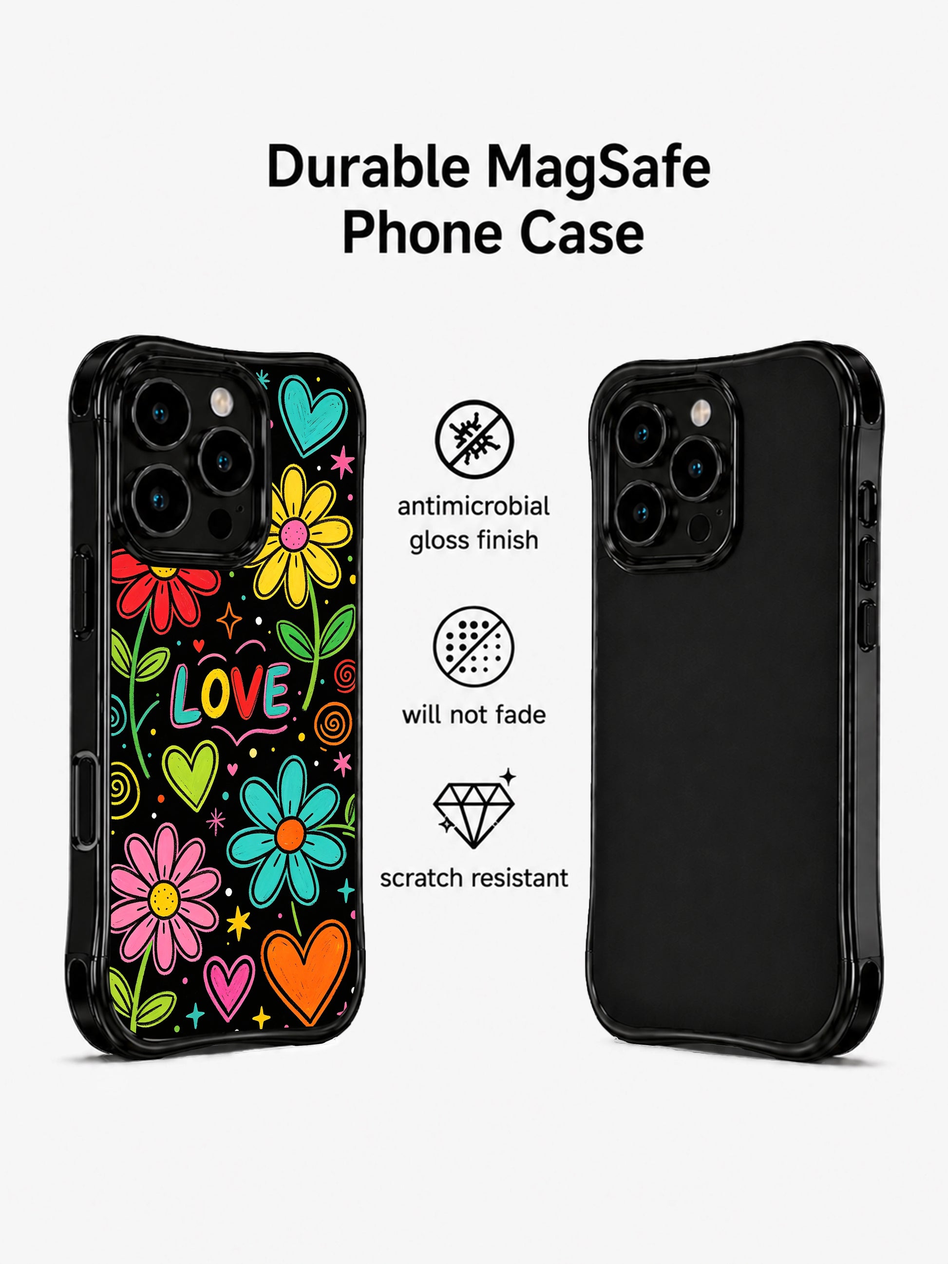 PhoneCasing iPhone 13 Pro Max cover with deep black canvas filled with glowing neon daisy blooms and scattered pastel hearts, delivering gentle warm romantic vibe, relaxing youthful artistic casing.