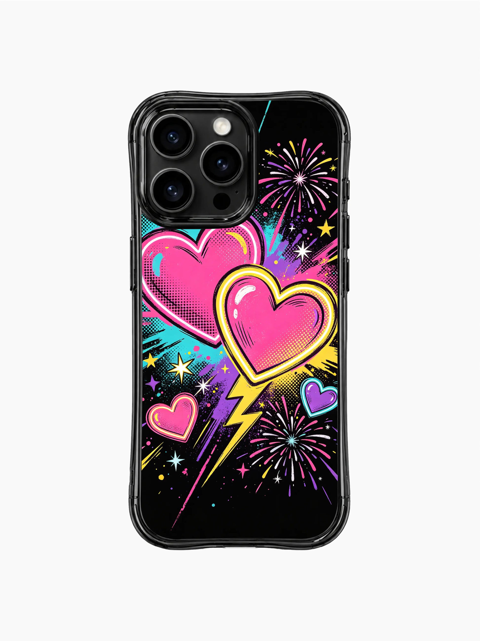 Trendy PhoneCasing iPhone 13 Pro Max case with all-over pop comic heart & fireworks illustration, halftone texture, paint splatter and star confetti accents, bold teen romantic streetwear casing
