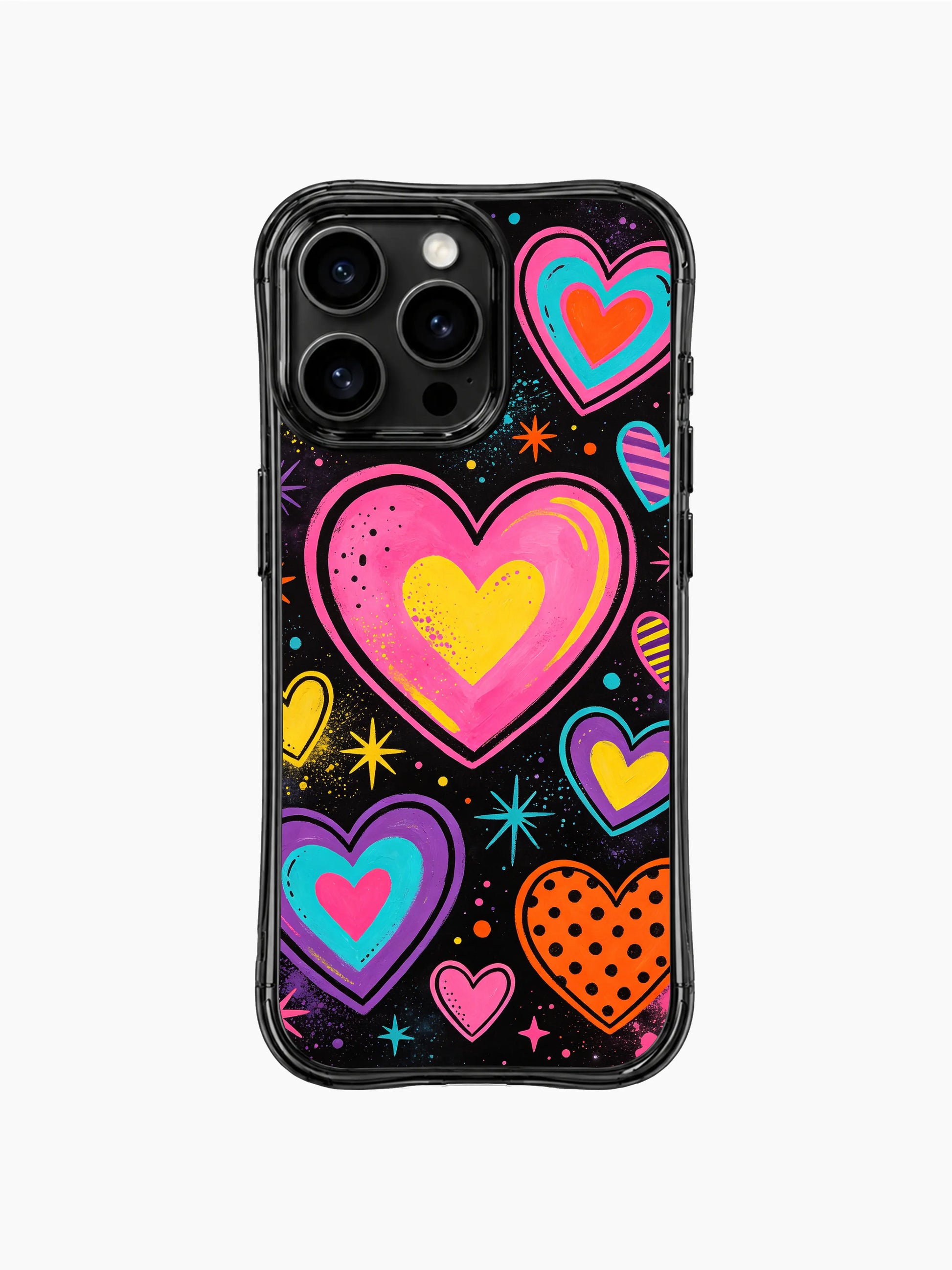 Nova Heartwell exclusive PhoneCasing iPhone 13 Pro Max cover, solid black background Heart Pop Universe pattern, thick textured crayon hearts, floating pop heart galaxy bold valentine casing